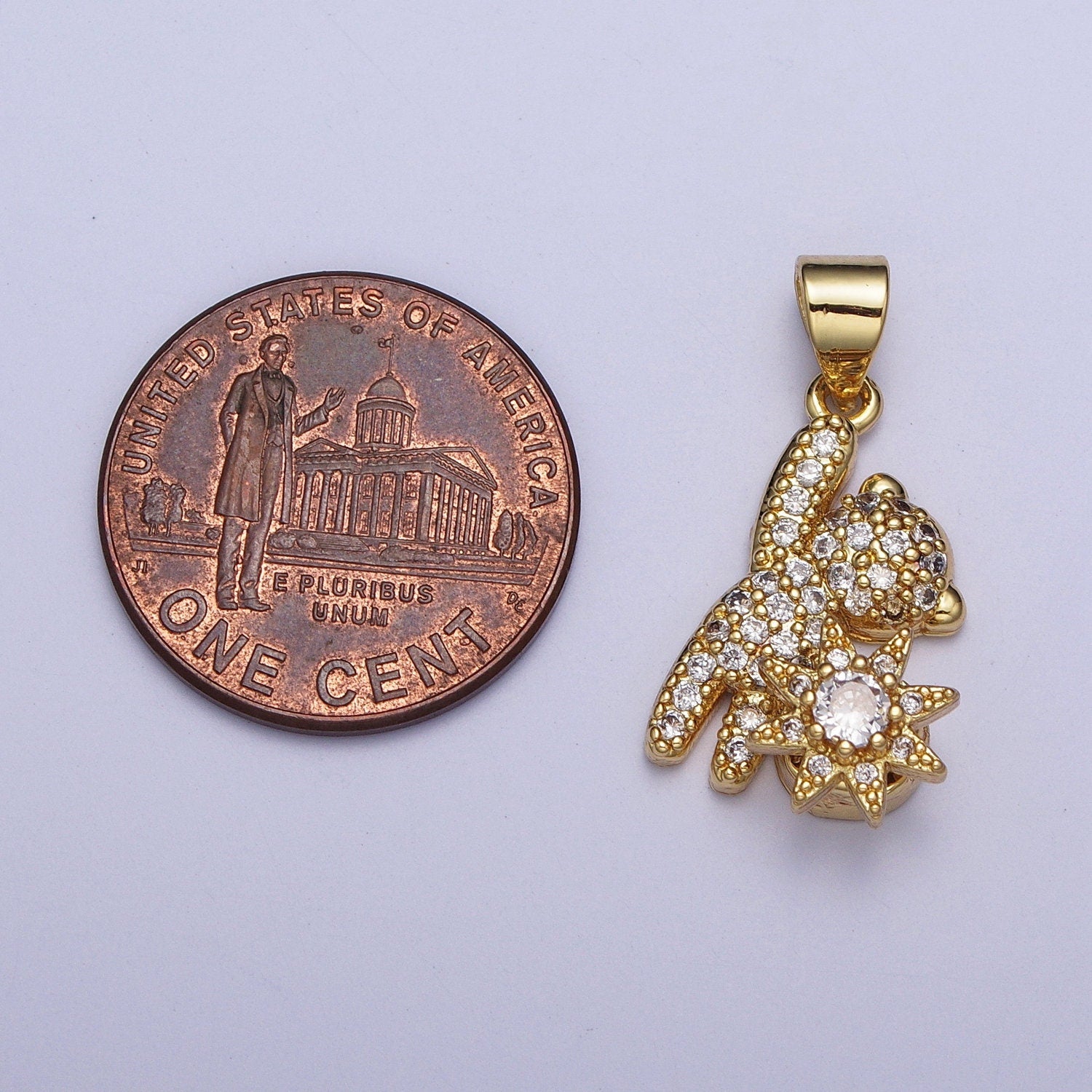 Cute Teddy Bear w. Sun Charm, Clear Cubic Zirconia Micro Pave CZ Bear Pendant, 24K Gold Plated Teddy Bear Sun Celestial Charm | X-478