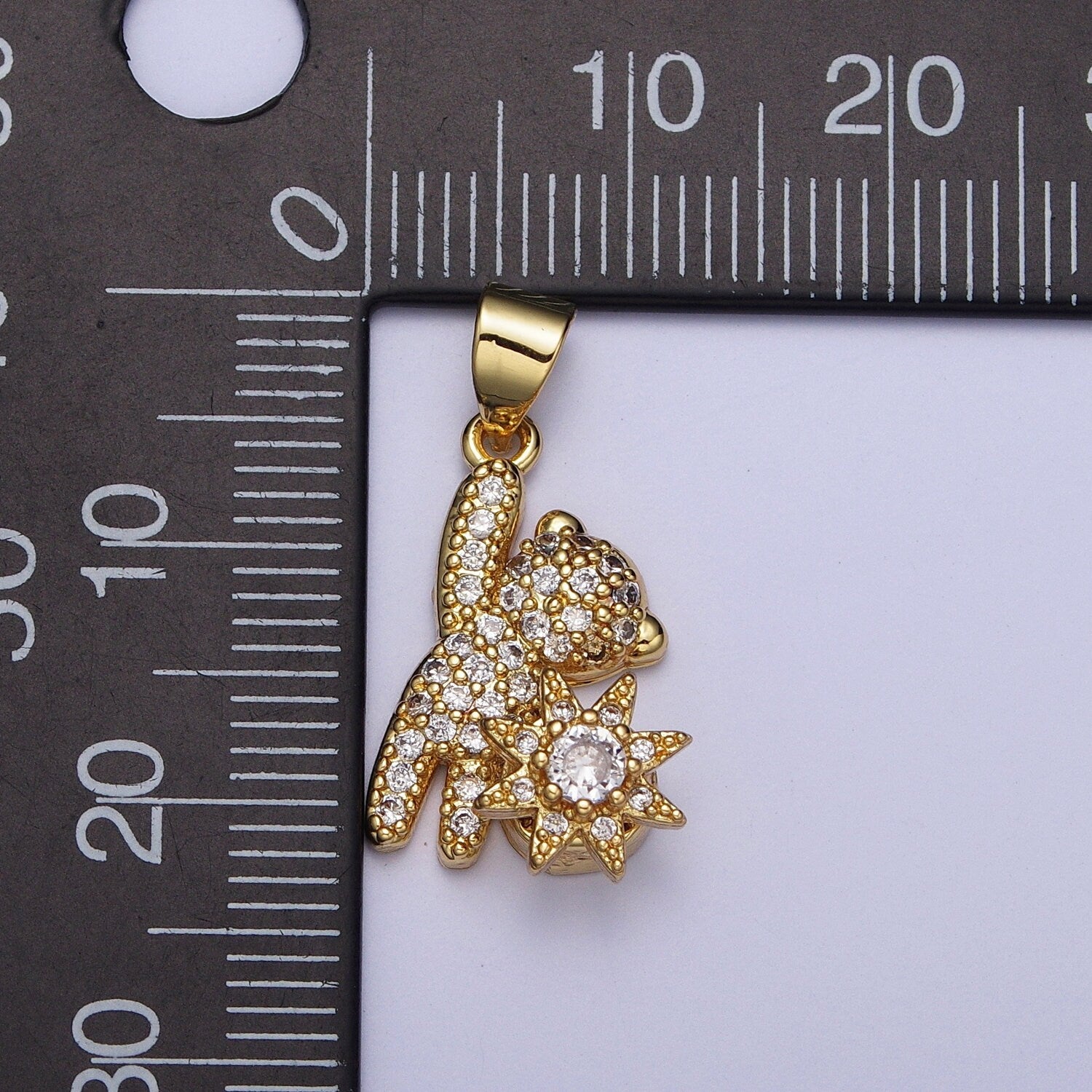 Cute Teddy Bear w. Sun Charm, Clear Cubic Zirconia Micro Pave CZ Bear Pendant, 24K Gold Plated Teddy Bear Sun Celestial Charm | X-478