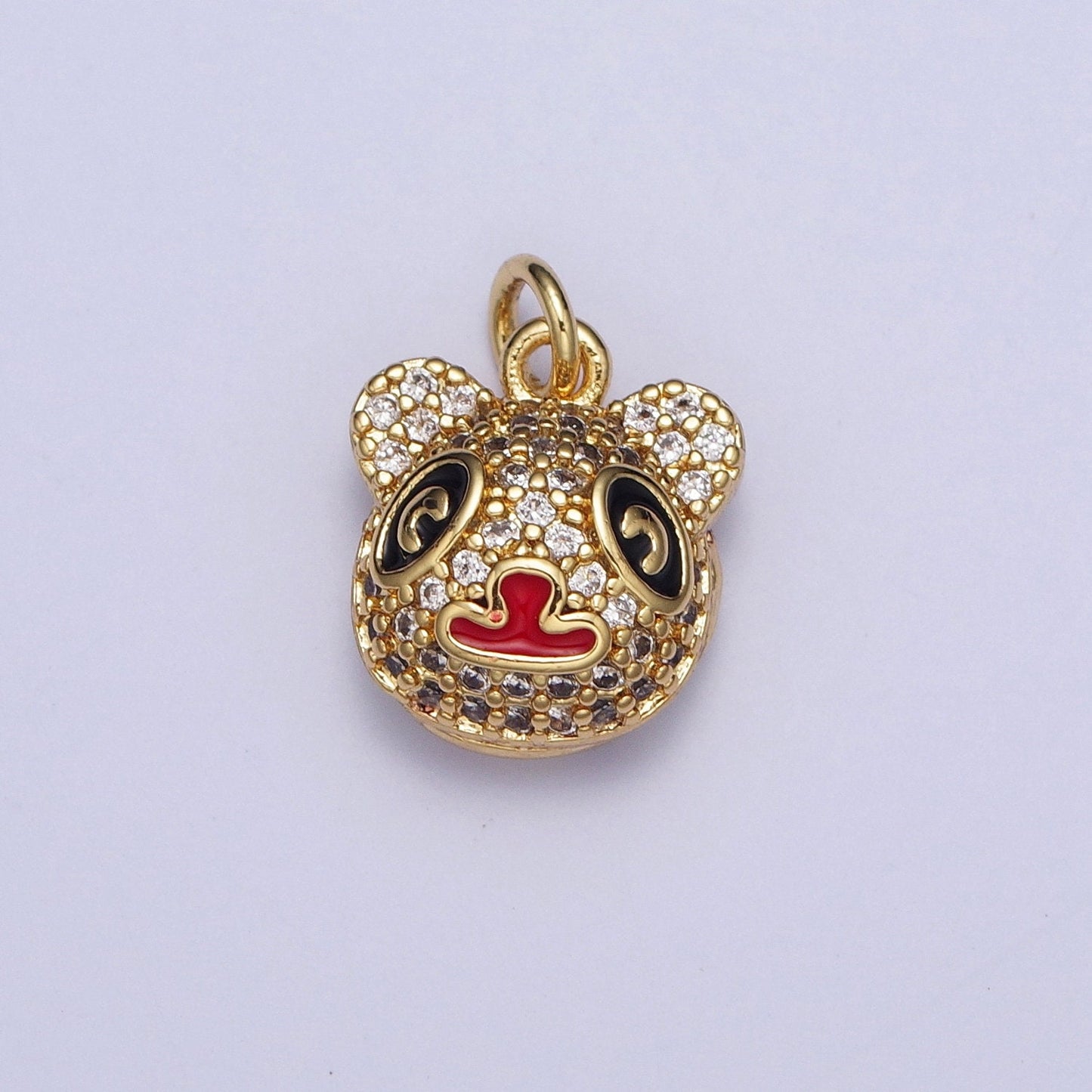 Cute Tiny Panda Head Pendant, 24K Gold Plated Clear Micro Pave CZ Black & Red Enamel Finish Panda Charm, Cute Animal Pendant | AG117