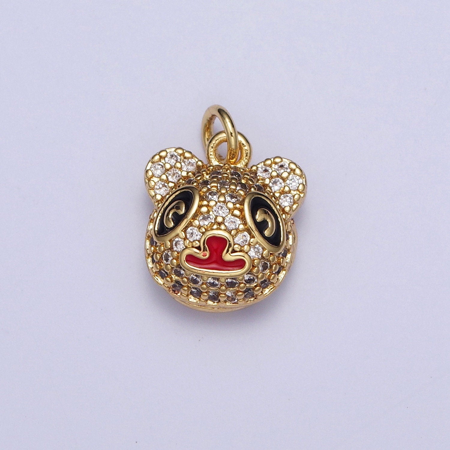 Cute Tiny Panda Head Pendant, 24K Gold Plated Clear Micro Pave CZ Black & Red Enamel Finish Panda Charm, Cute Animal Pendant | AG117