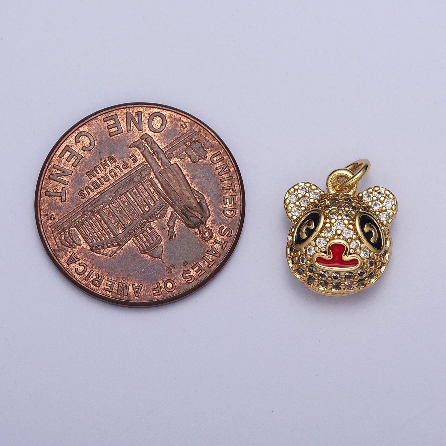 Cute Tiny Panda Head Pendant, 24K Gold Plated Clear Micro Pave CZ Black & Red Enamel Finish Panda Charm, Cute Animal Pendant | AG117