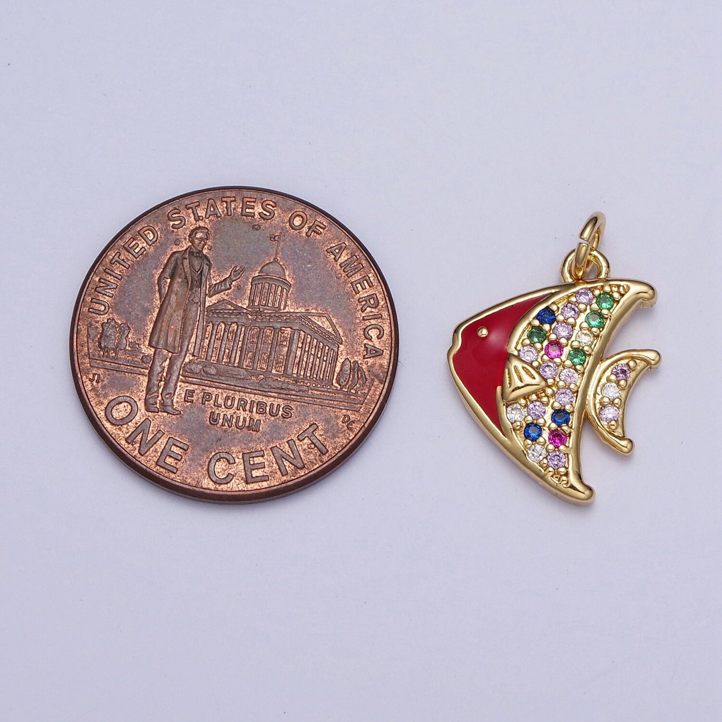 Dainty Gold Spadefish Pendant, 24K Gold Plated Red Enamel Colored Micro Pave CZ Stone Spade Fish Charm, Sea Life Animals Charm | AG120
