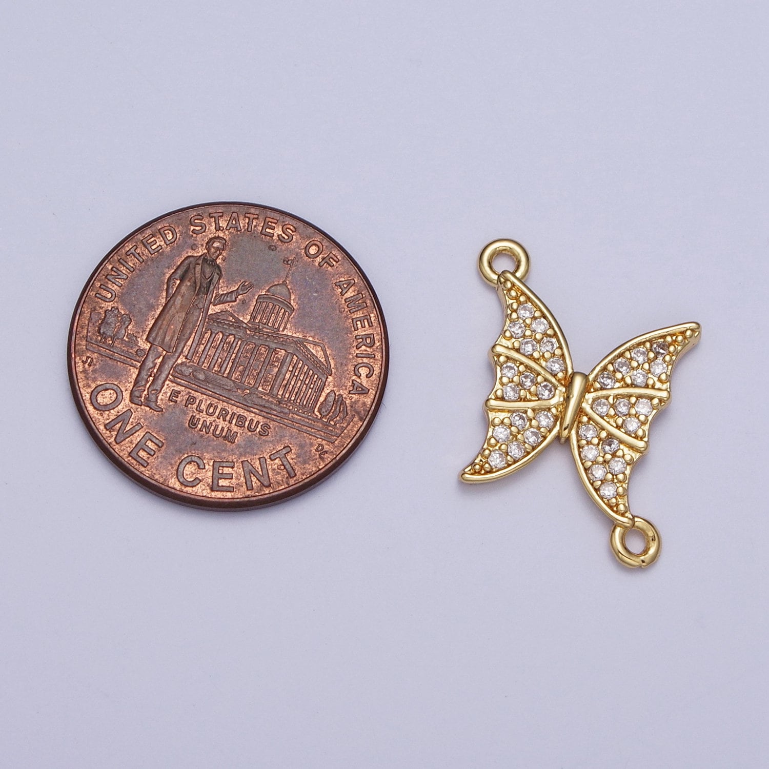 Mini Gold Butterfly Charm Connector, 24K Gold Plated Micro Pave Cubic Zirconia CZ Stone Mariposa Link Connector | G-533