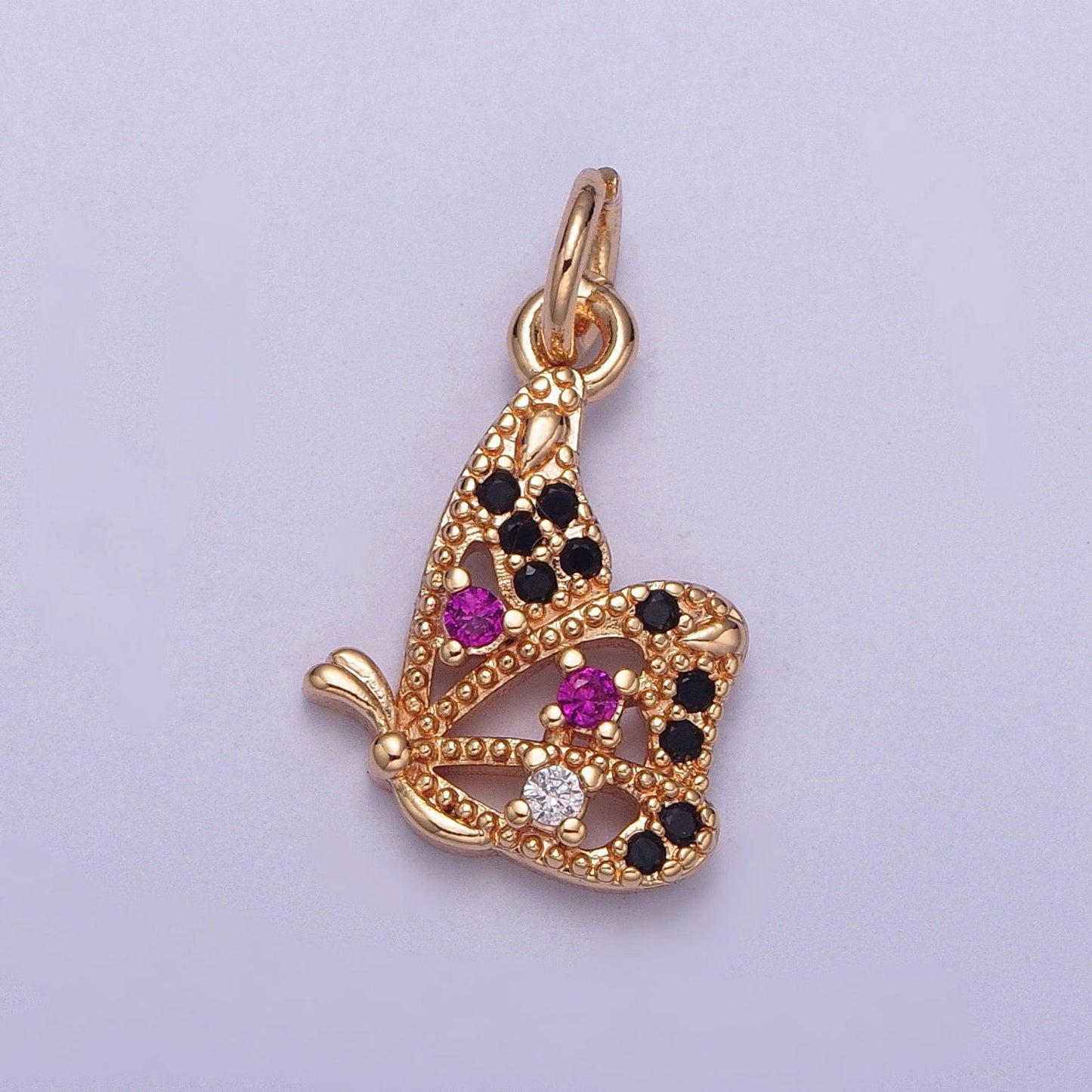 14K Gold Dainty Side-View Butterfly Colored/Clear Micro Pave CZ Stone Pendant, Beautiful Winged Butterfly Crystal Cz Charm | X-183, X-184