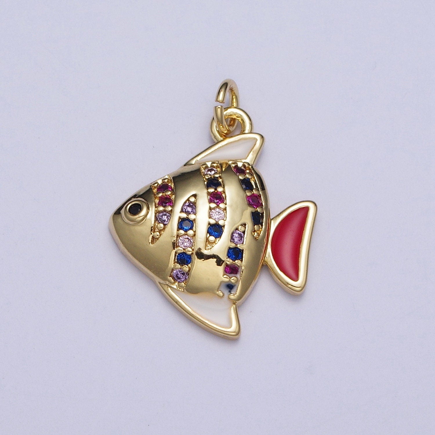 Dainty Gold Angelfish Pendant, 24K Gold Plated Red Enamel Colored Micro Pave CZ Stone ZigZag Angel Fish Charm, Sea Life Animal Charm | AG121