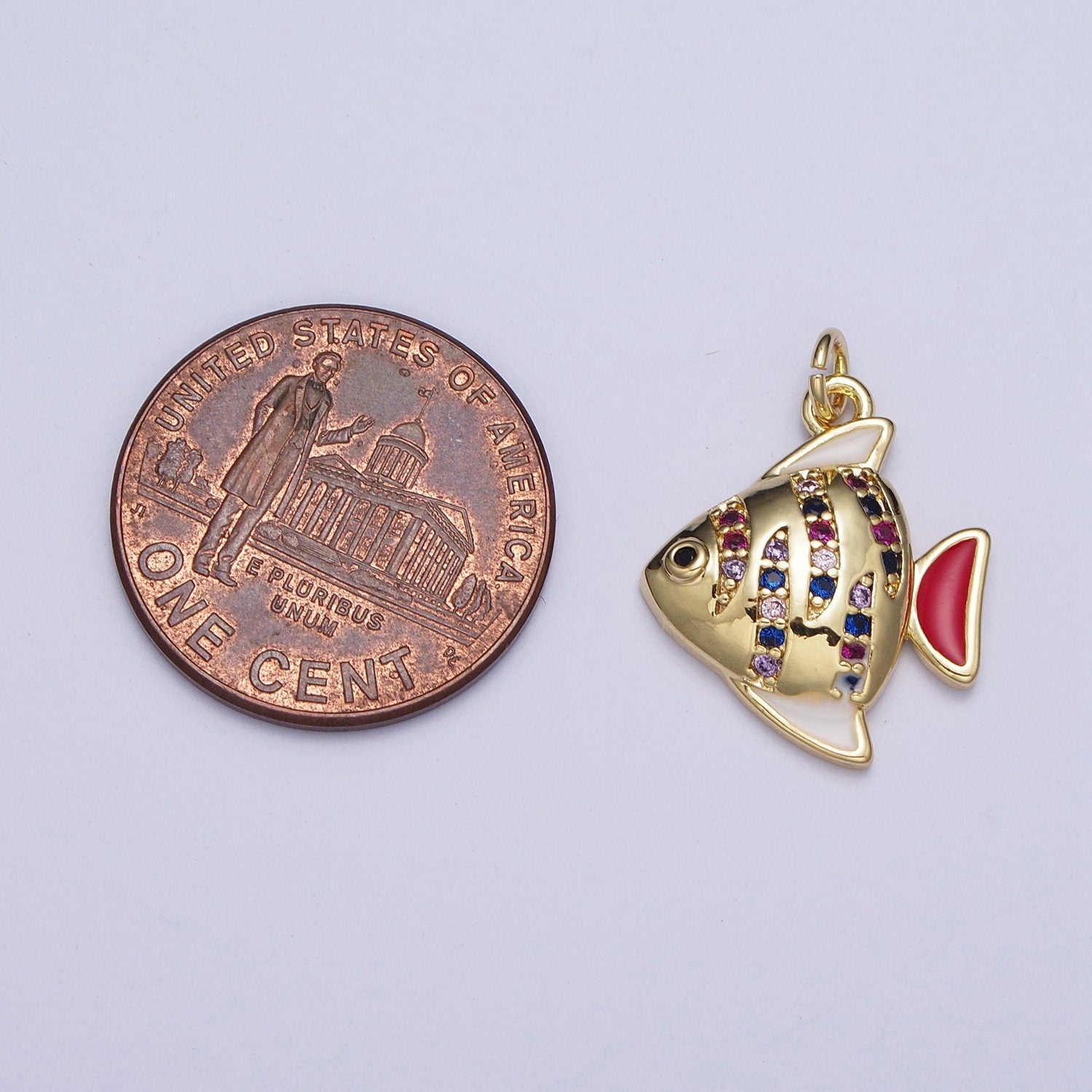 Dainty Gold Angelfish Pendant, 24K Gold Plated Red Enamel Colored Micro Pave CZ Stone ZigZag Angel Fish Charm, Sea Life Animal Charm | AG121