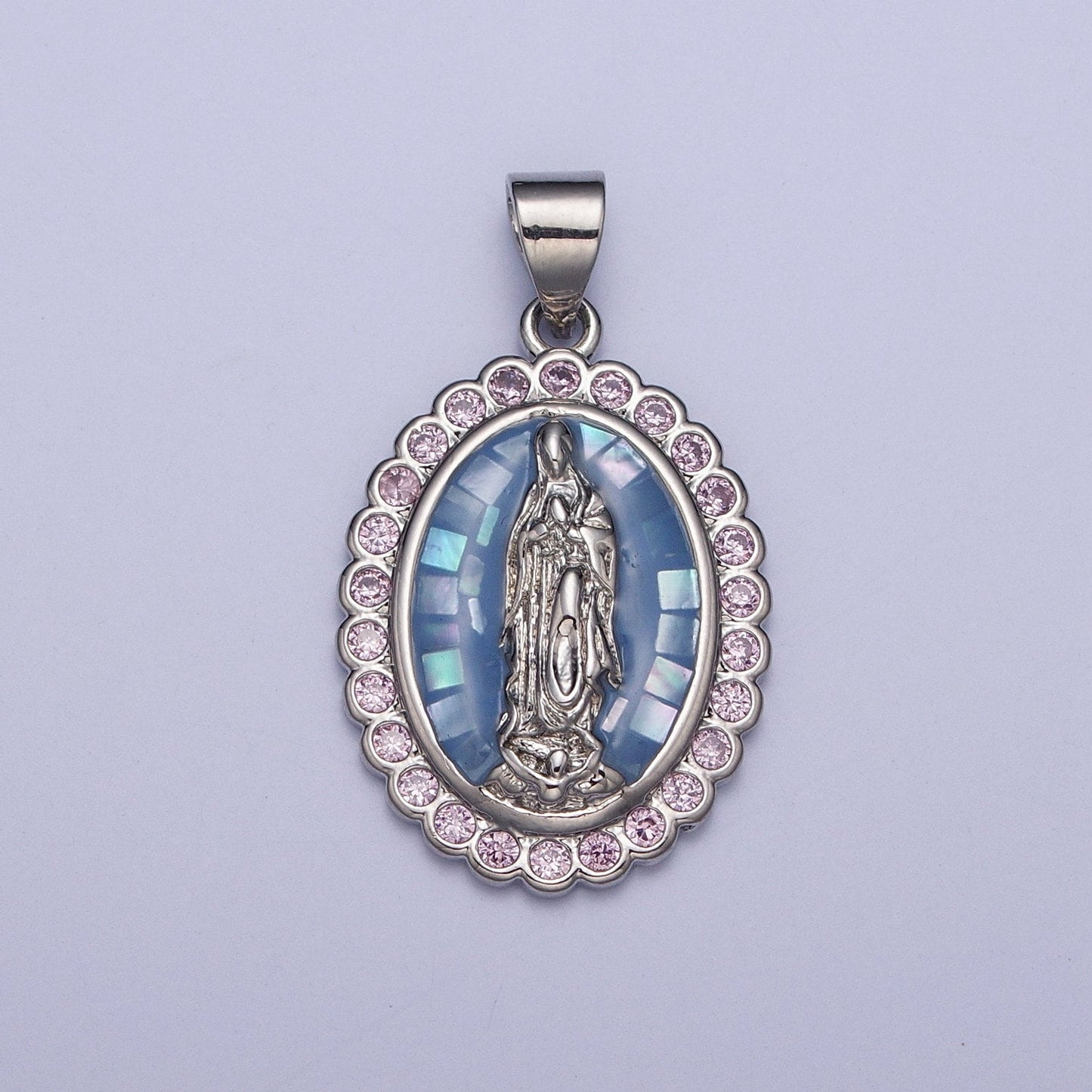 Silver Oval Virgin Mary Charm, White Gold Dainty Lady of Guadalupe Pendant Cathedral Window Clear Micro Pave CZ Edge | X-479, X-480, X-481
