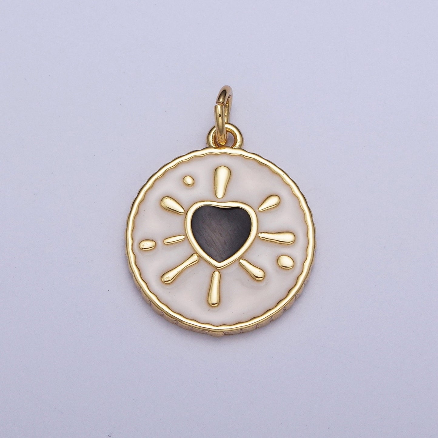 Gold Enamel Heart Coin Medallion Pendant, 24K Gold Plated Love Heart Enamel Finish Round Coin Charms | AG-021-AG-023
