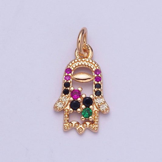 Dainty Hamsa Hand Charm Multicolored Micro Pave CZ Beaded Pendant 14K Gold Plated Micro CZ Pave | DIY Piece for Necklace Bracelet | X-185