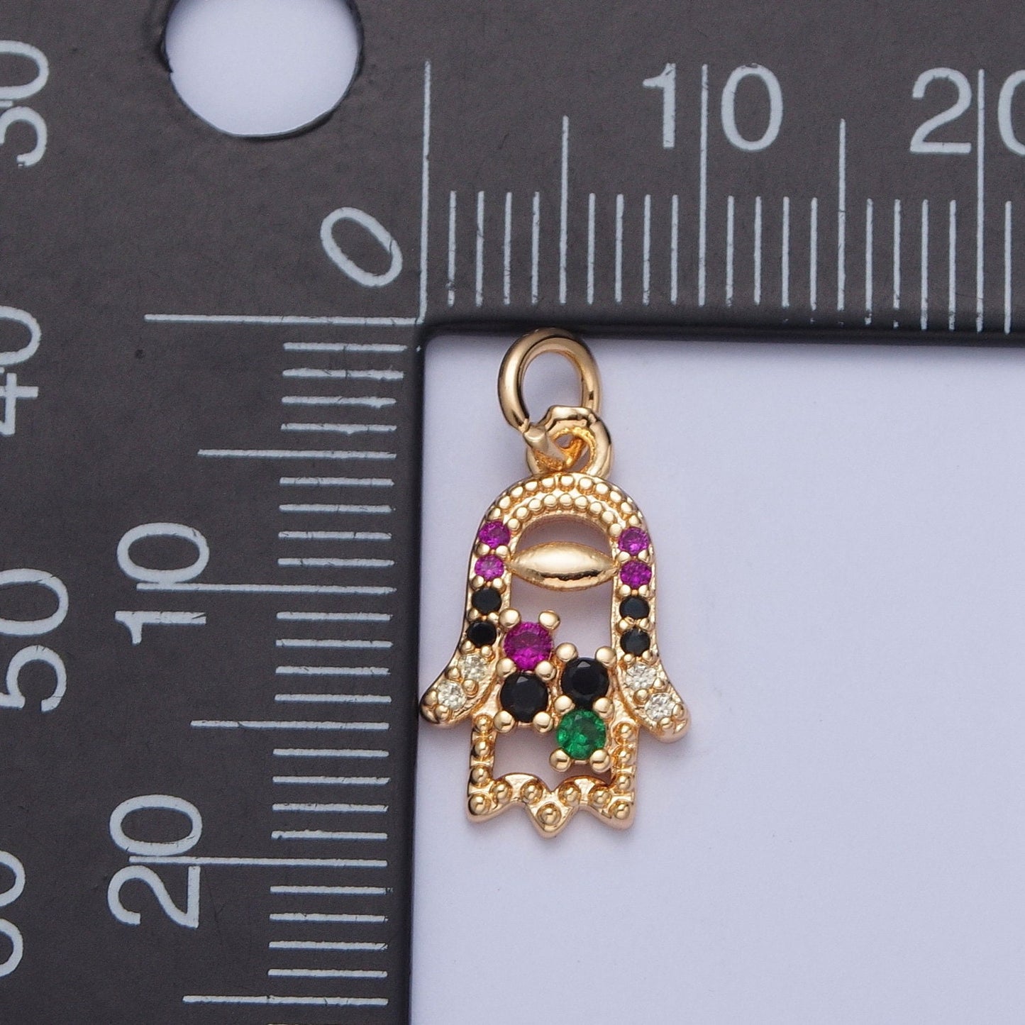 Dainty Hamsa Hand Charm Multicolored Micro Pave CZ Beaded Pendant 14K Gold Plated Micro CZ Pave | DIY Piece for Necklace Bracelet | X-185