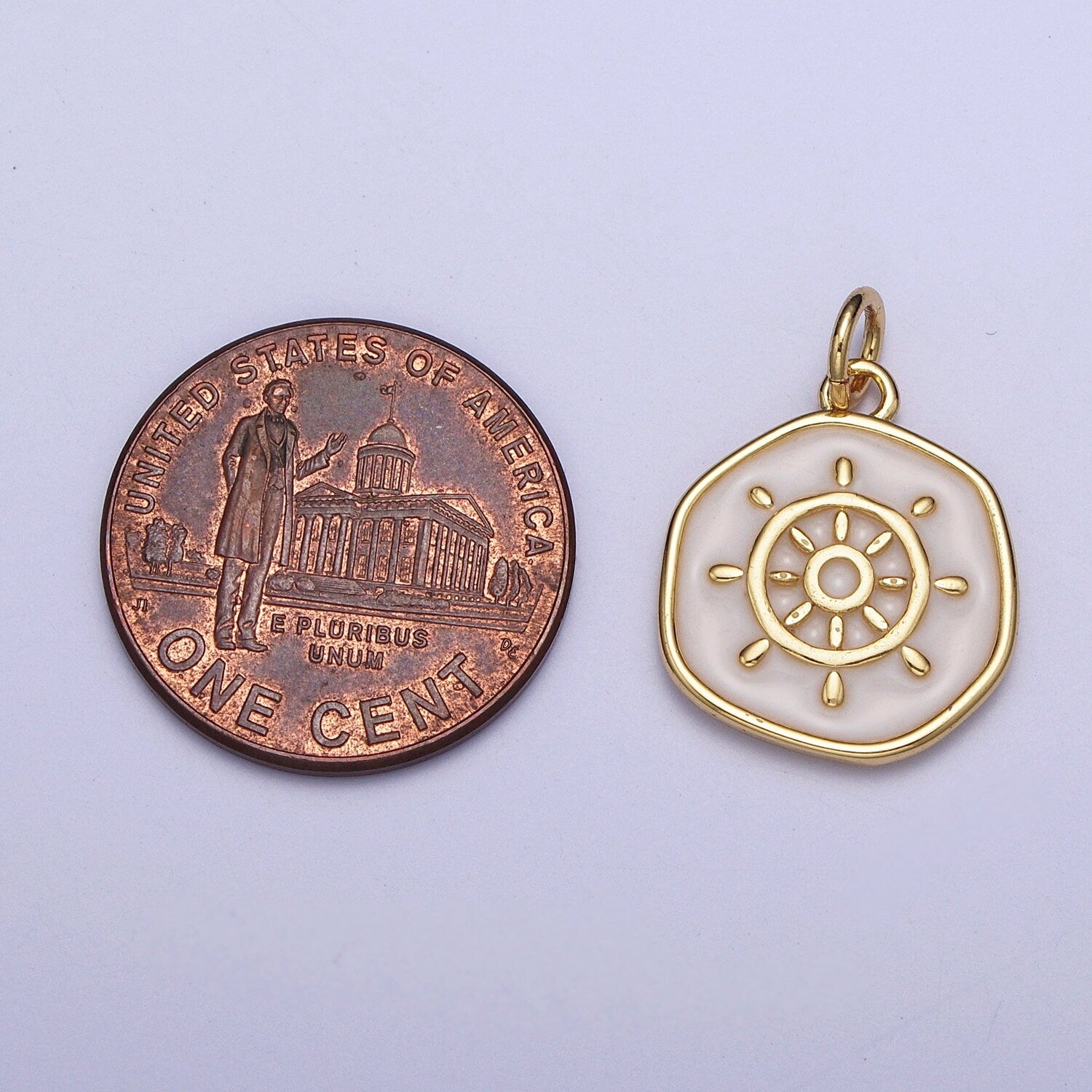 Gold Ship Steering Wheel Coin Medallion Pendant w. Pearl White Enamel Finish, 24K Gold Filled Enamel Sunburst Round Coin Charm | AG135