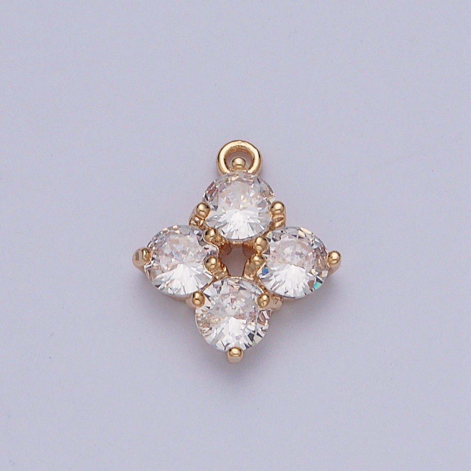 Dainty Gold Plated Flower 4-Stoned Diamond Charm Micro Pave Cubic Zirconia Cz Pendant for Necklace Earring Bracelet | X-210