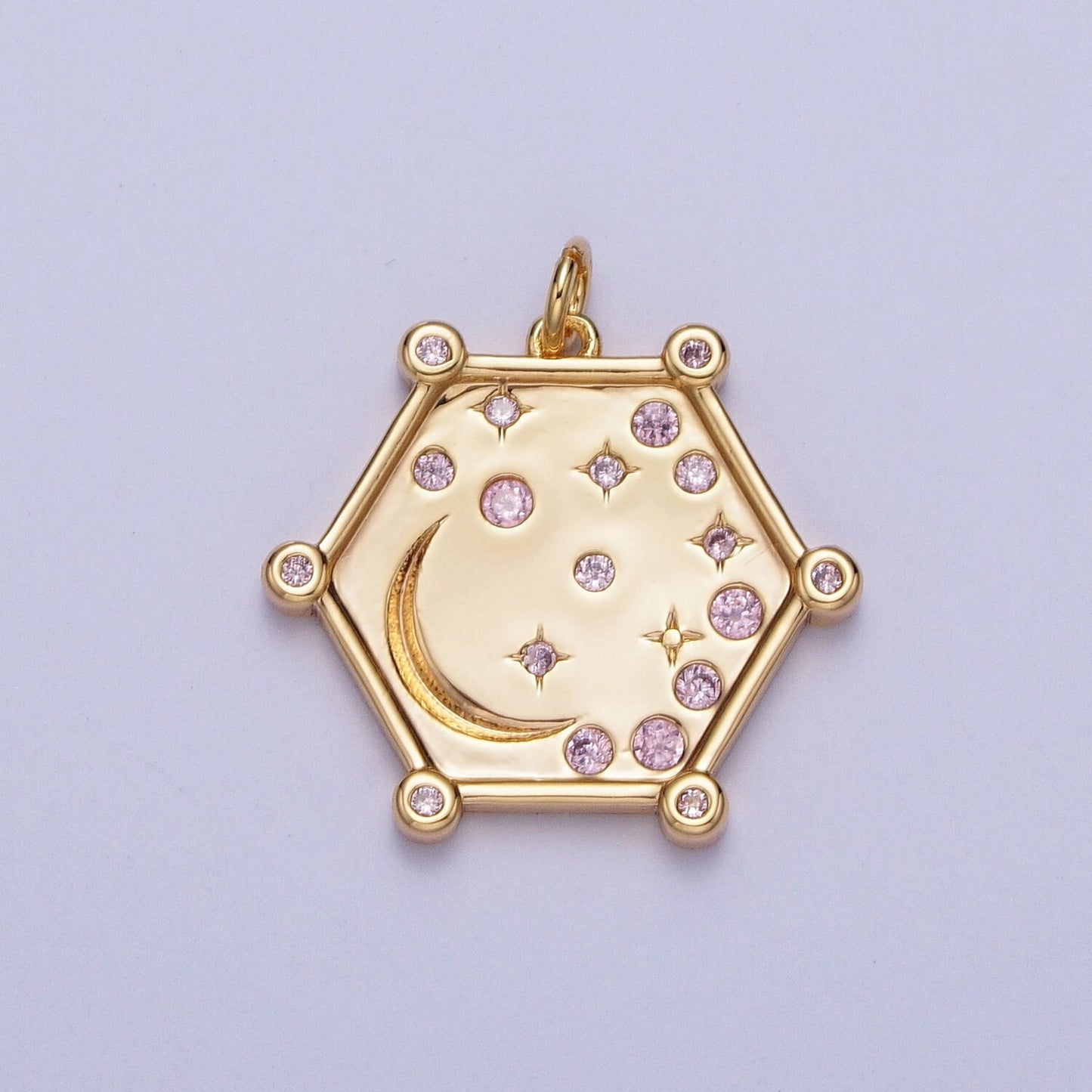 Hexagonal Celestial Moon and Stars Pendant, 16K Gold Plated Celestial Rustic Micro Pave Cubic Zirconia CZ Stone Charms | AG054~AG056