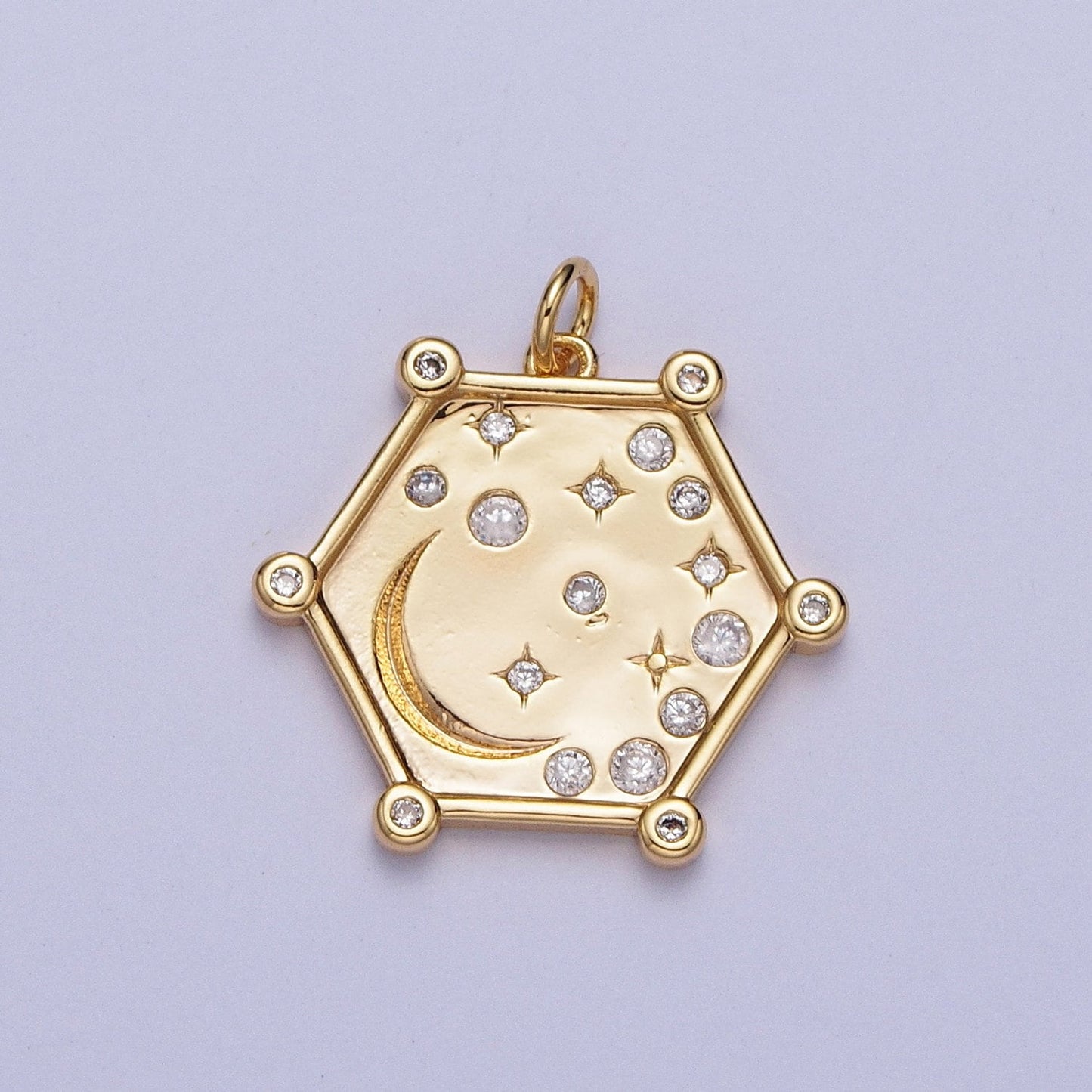 Hexagonal Celestial Moon and Stars Pendant, 16K Gold Plated Celestial Rustic Micro Pave Cubic Zirconia CZ Stone Charms | AG054~AG056