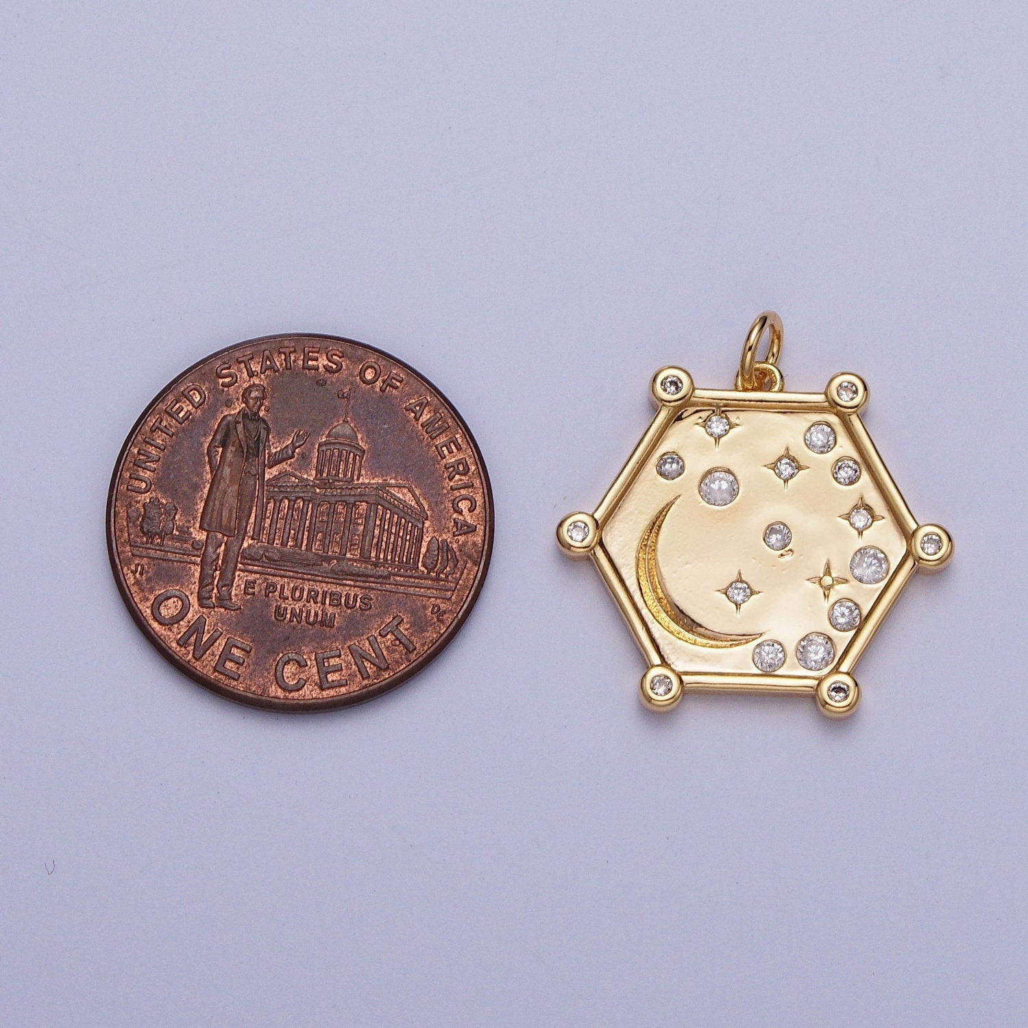 Hexagonal Celestial Moon and Stars Pendant, 16K Gold Plated Celestial Rustic Micro Pave Cubic Zirconia CZ Stone Charms | AG054~AG056