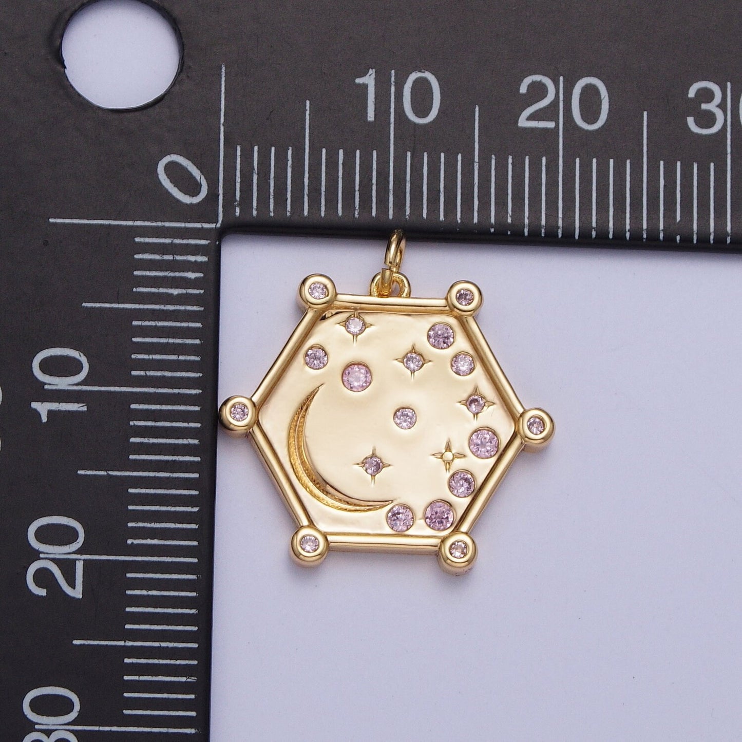 Hexagonal Celestial Moon and Stars Pendant, 16K Gold Plated Celestial Rustic Micro Pave Cubic Zirconia CZ Stone Charms | AG054~AG056