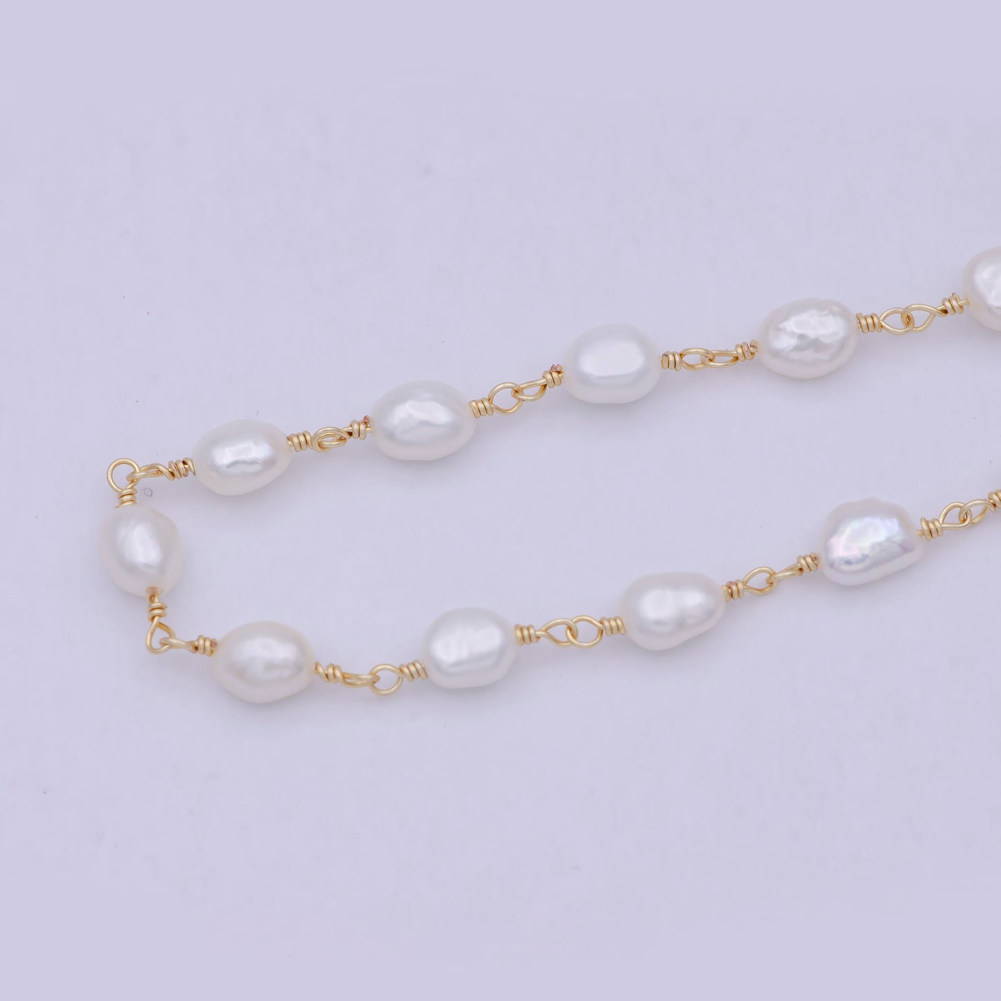24K Gold Filled Unfinished White Freshwater Pearl Chain, Baroque Mother of Pearl Wholesale Bulk Roll | ROLL-710