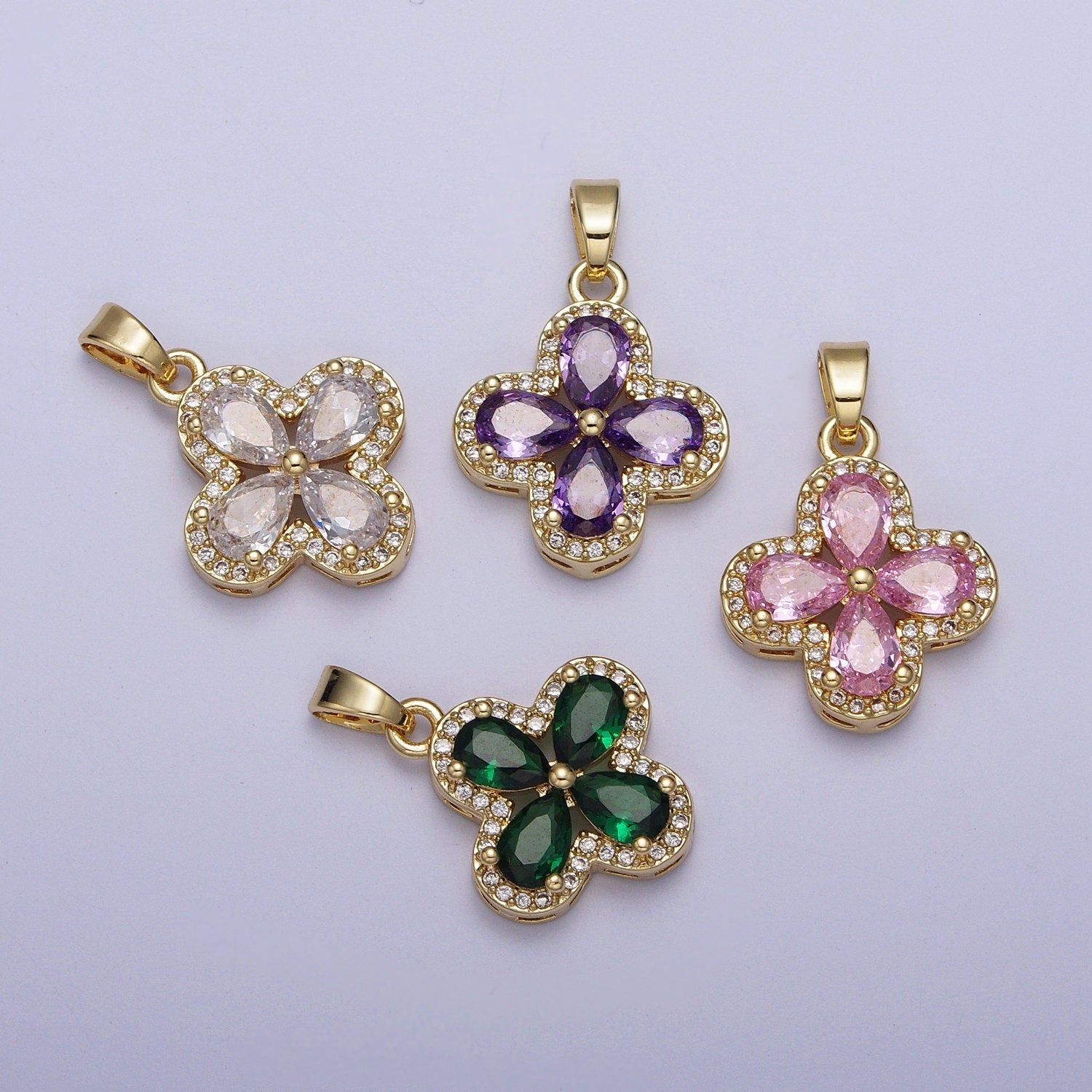 Dainty Gold CZ Lucky Four-Leaf Clover Pendant, 24K Gold Plated Multicolor Petals CZ Crystals Clear Micro Pave Edged Charm | X-516~X-519