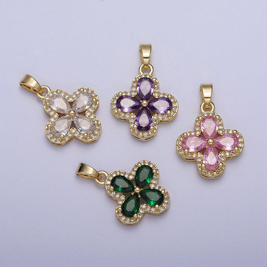 Dainty Gold CZ Lucky Four-Leaf Clover Pendant, 24K Gold Plated Multicolor Petals CZ Crystals Clear Micro Pave Edged Charm | X-516~X-519