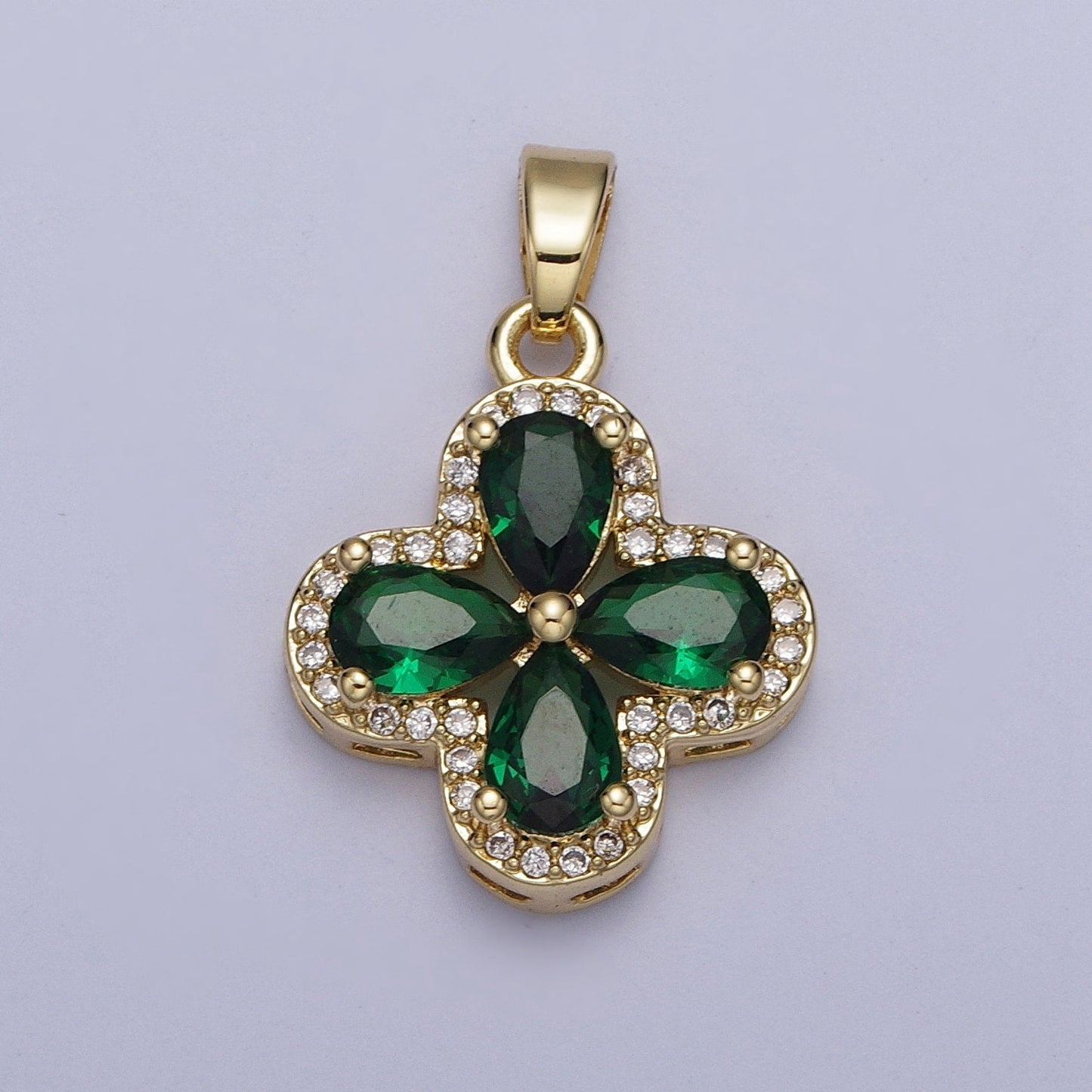 Dainty Gold CZ Lucky Four-Leaf Clover Pendant, 24K Gold Plated Multicolor Petals CZ Crystals Clear Micro Pave Edged Charm | X-516~X-519