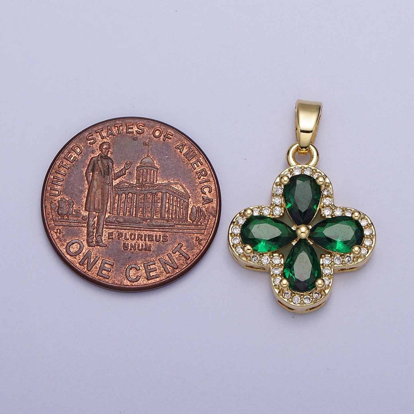Dainty Gold CZ Lucky Four-Leaf Clover Pendant, 24K Gold Plated Multicolor Petals CZ Crystals Clear Micro Pave Edged Charm | X-516~X-519