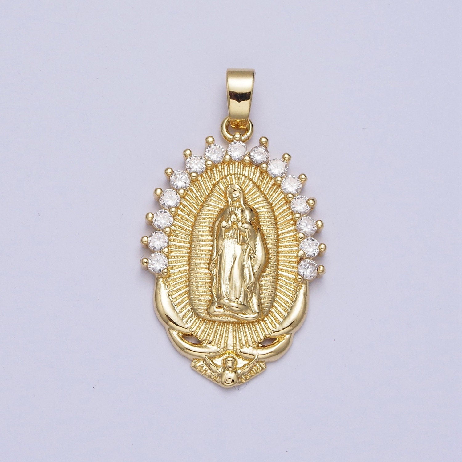 Our Lady of Guadalupe CZ Pendant, 24K Gold Plated Virgin Mary Lady of Lourdes Catholic Bijoux Sunburst Clear Micro Pave CZ Charm | X-522