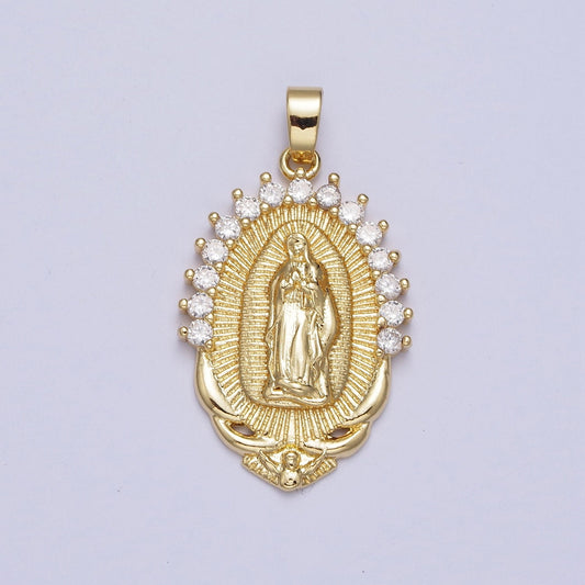 Our Lady of Guadalupe CZ Pendant, 24K Gold Plated Virgin Mary Lady of Lourdes Catholic Bijoux Sunburst Clear Micro Pave CZ Charm | X-522