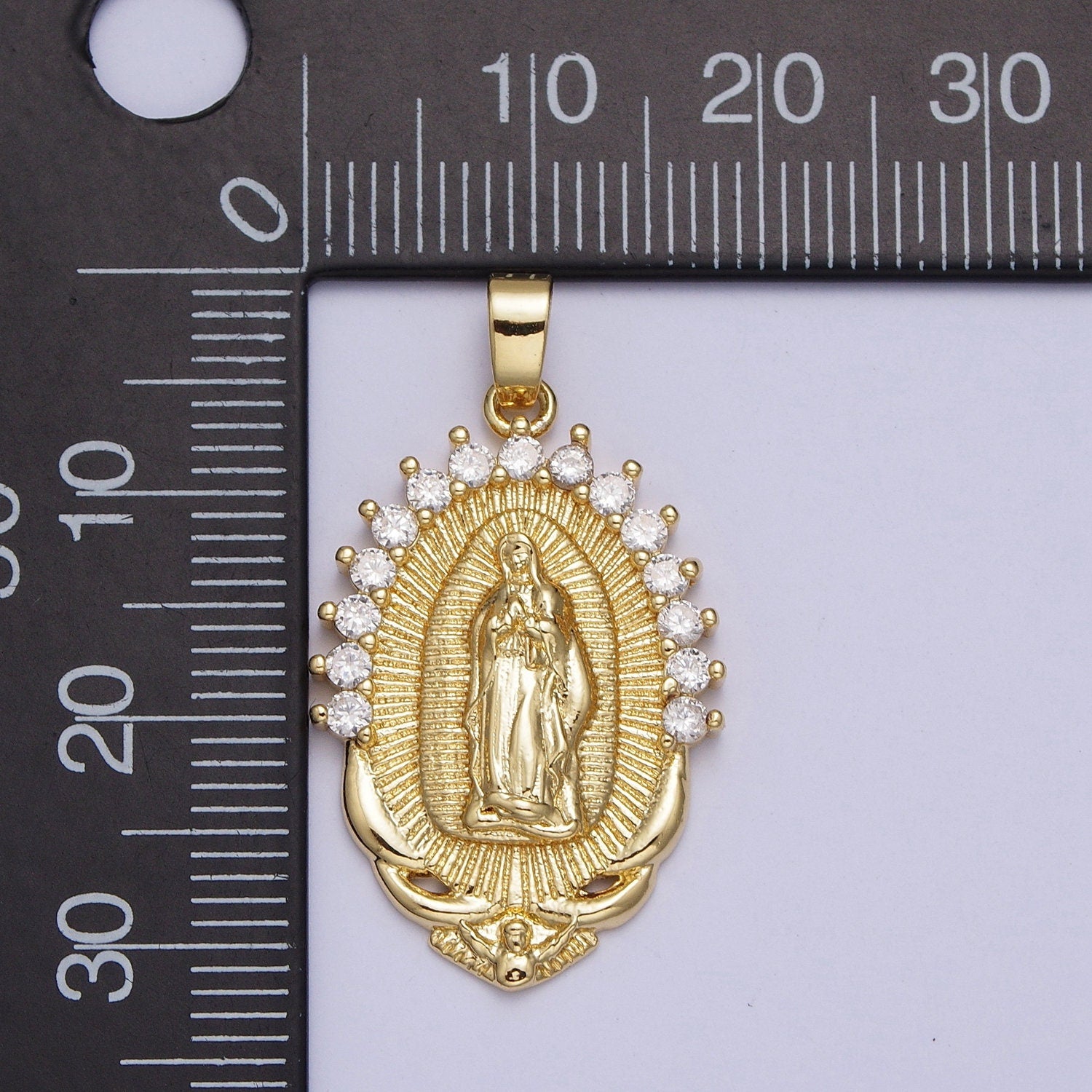 Our Lady of Guadalupe CZ Pendant, 24K Gold Plated Virgin Mary Lady of Lourdes Catholic Bijoux Sunburst Clear Micro Pave CZ Charm | X-522