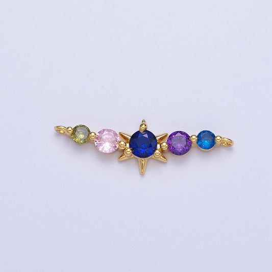 Daity Linked Micro Pave Round CZ Crystals Blue Star Link Connector, 24K Gold Plated Celestial Long Cubic Zirconia Charm Connector | G-556