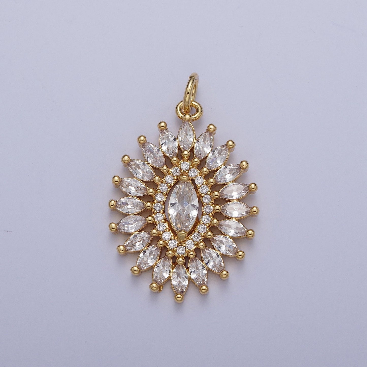 Linked Clear Marquise Cubic Zirconia Crystals Gold Oval Pendant, 24K Gold Plated Clear Micro Paved CZ Marquise Oval Charm | C-880