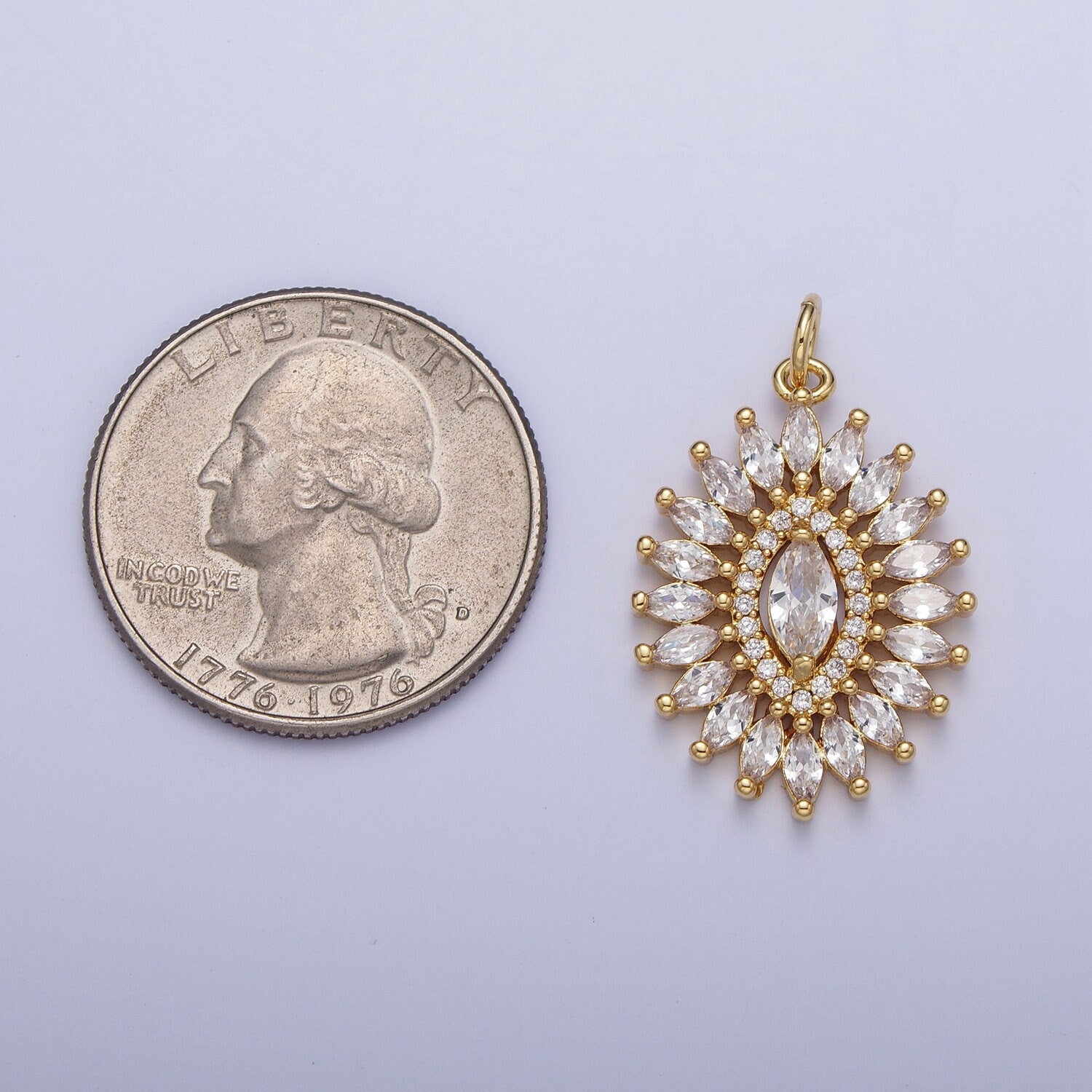 Linked Clear Marquise Cubic Zirconia Crystals Gold Oval Pendant, 24K Gold Plated Clear Micro Paved CZ Marquise Oval Charm | C-880