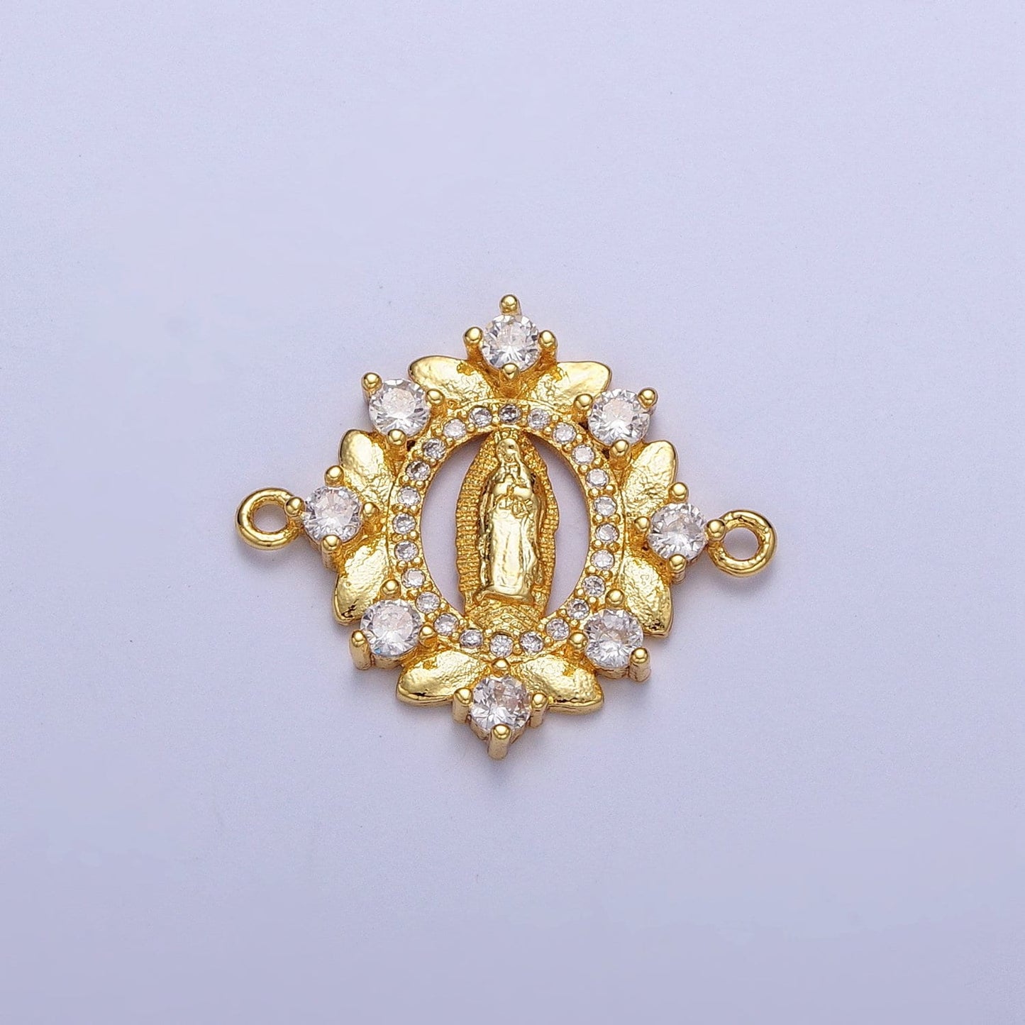 Yellow Floral Wreath Virgin Mary Link Connector, 24K Gold Plated Micro Pave CZ Our Lady of Guadalupe Religious Charm Connector | G-558
