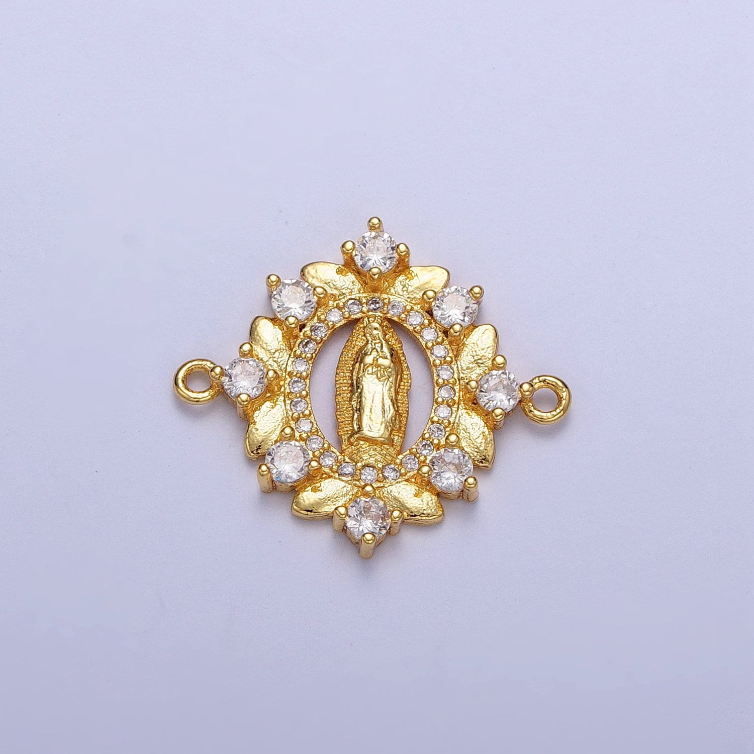 Yellow Floral Wreath Virgin Mary Link Connector, 24K Gold Plated Micro Pave CZ Our Lady of Guadalupe Religious Charm Connector | G-558