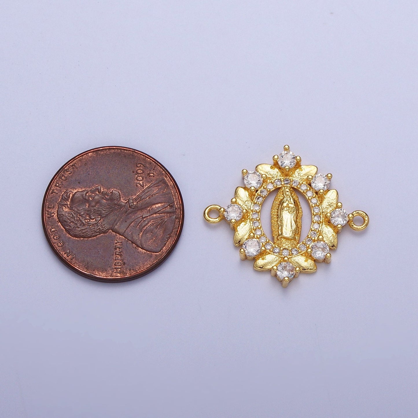 Yellow Floral Wreath Virgin Mary Link Connector, 24K Gold Plated Micro Pave CZ Our Lady of Guadalupe Religious Charm Connector | G-558