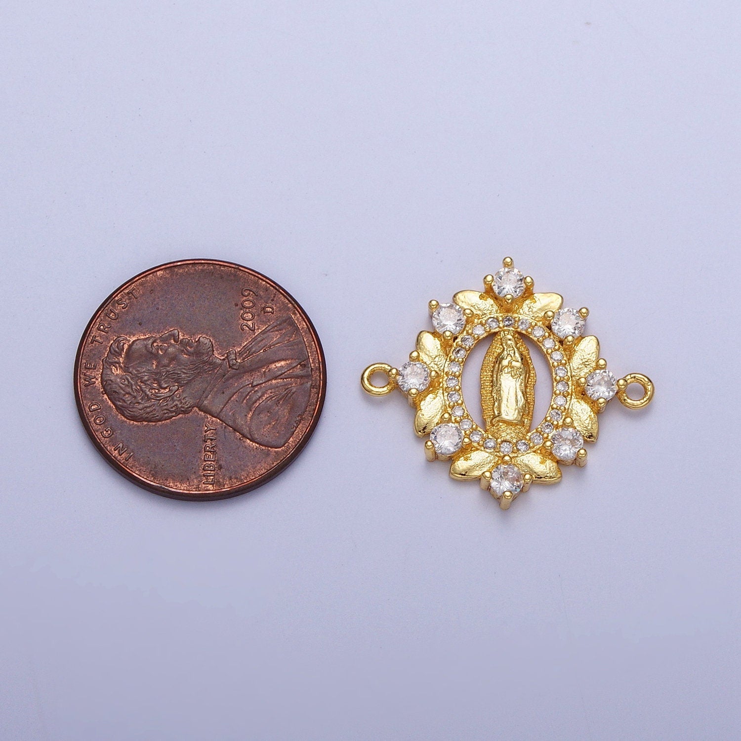 Yellow Floral Wreath Virgin Mary Link Connector, 24K Gold Plated Micro Pave CZ Our Lady of Guadalupe Religious Charm Connector | G-558