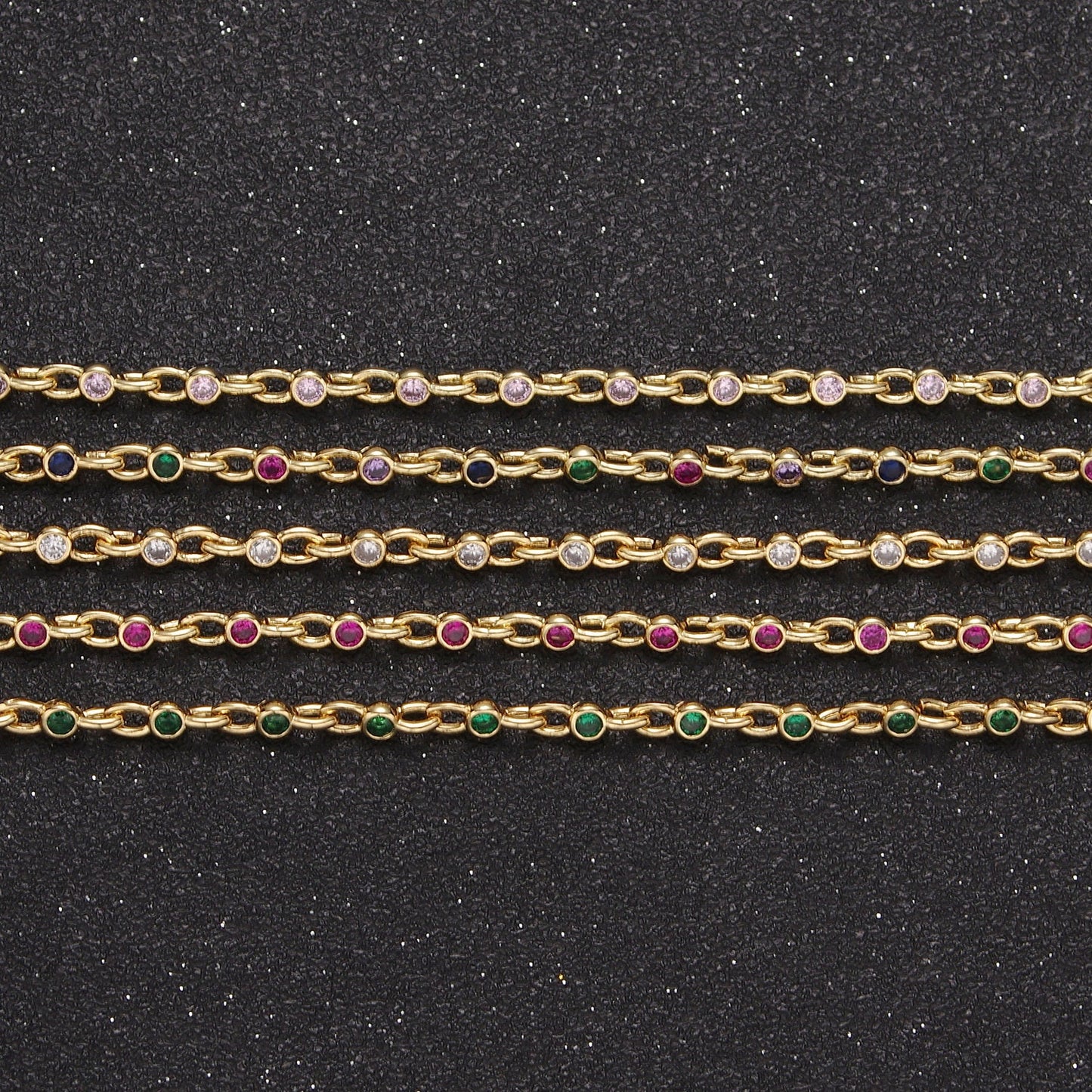 2.5mm Mini 24K Gold Filled Round Bezel Unsoldered Cut Cubic Zirconia CZ Chain By Yard Bulk Wholesale | ROLL-750, -751, -752, -753