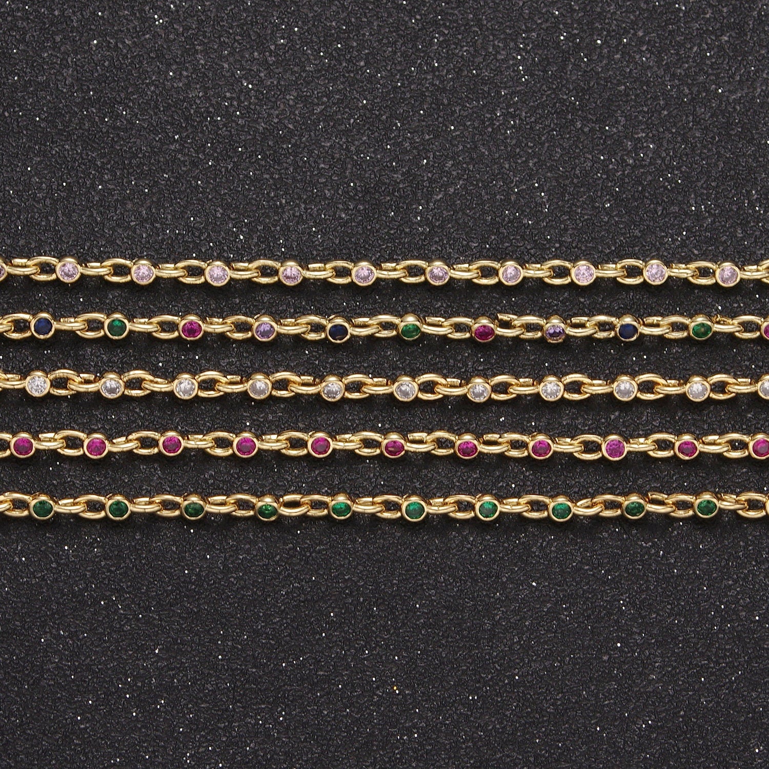 2.5mm Mini 24K Gold Filled Round Bezel Unsoldered Cut Cubic Zirconia CZ Chain By Yard Bulk Wholesale | ROLL-750, -751, -752, -753