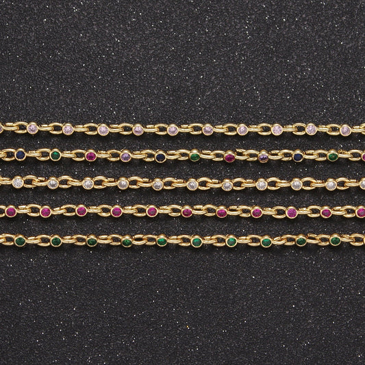 2.5mm Mini 24K Gold Filled Round Bezel Unsoldered Cut Cubic Zirconia CZ Chain By Yard Bulk Wholesale | ROLL-750, -751, -752, -753