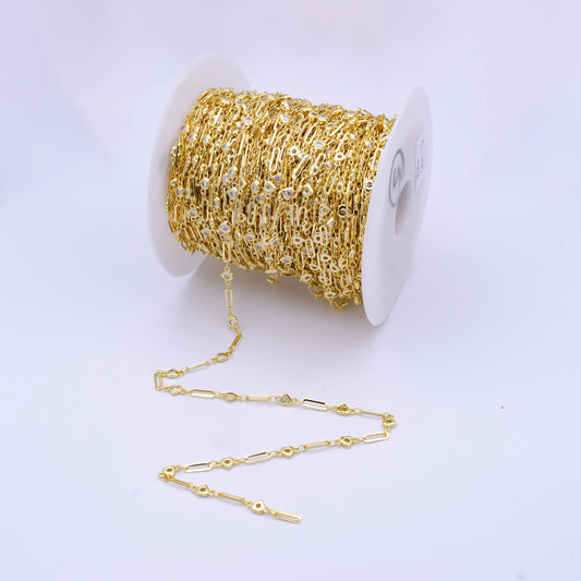 24K Gold Filled CZ Satellites Chain by Yard, Wholesale Gold Station Chain CZ Bezel Cut Chain for Jewelry Making | ROLL-786, -787