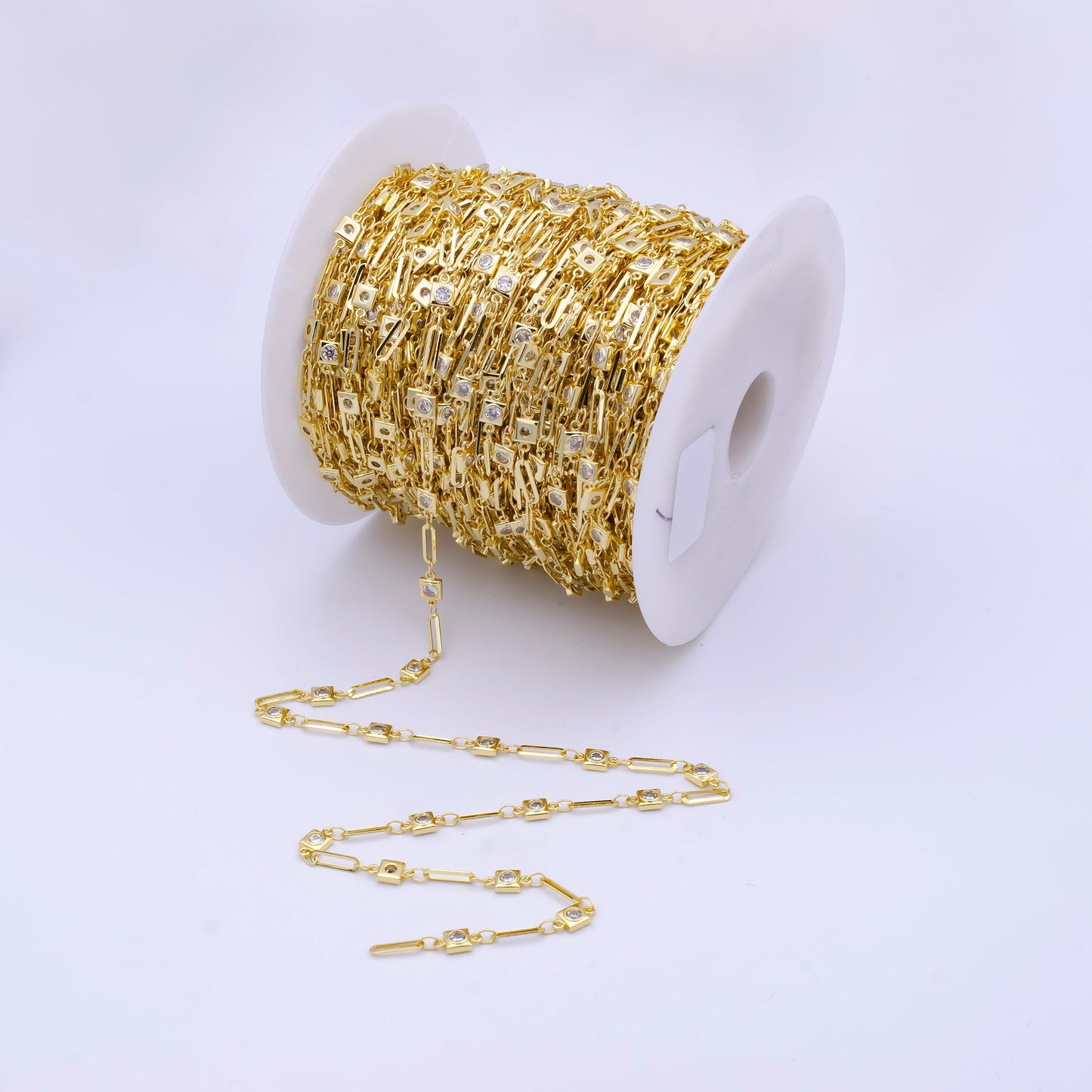 24K Gold Filled CZ Satellites Chain by Yard, Wholesale Gold Station Chain CZ Bezel Cut Chain for Jewelry Making | ROLL-786, -787