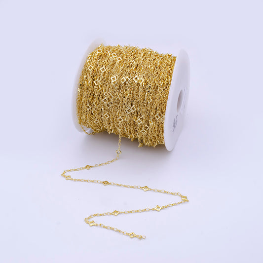 24K Gold CZ Dainty Four-Leaf Lucky Clover Chain by Yard, Wholesale Gold Chain CZ Clover Bezel Cut Chain for Jewelry Making | ROLL-791