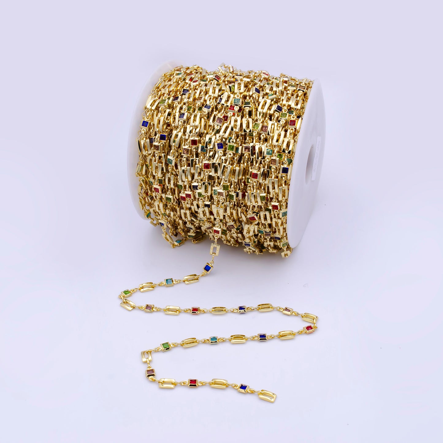 24K Gold Multicolor CZ Square Chain by Yard, Wholesale Gold CZ Colorful Geometric Bezel Cut Chain for Jewelry Making | ROLL-794