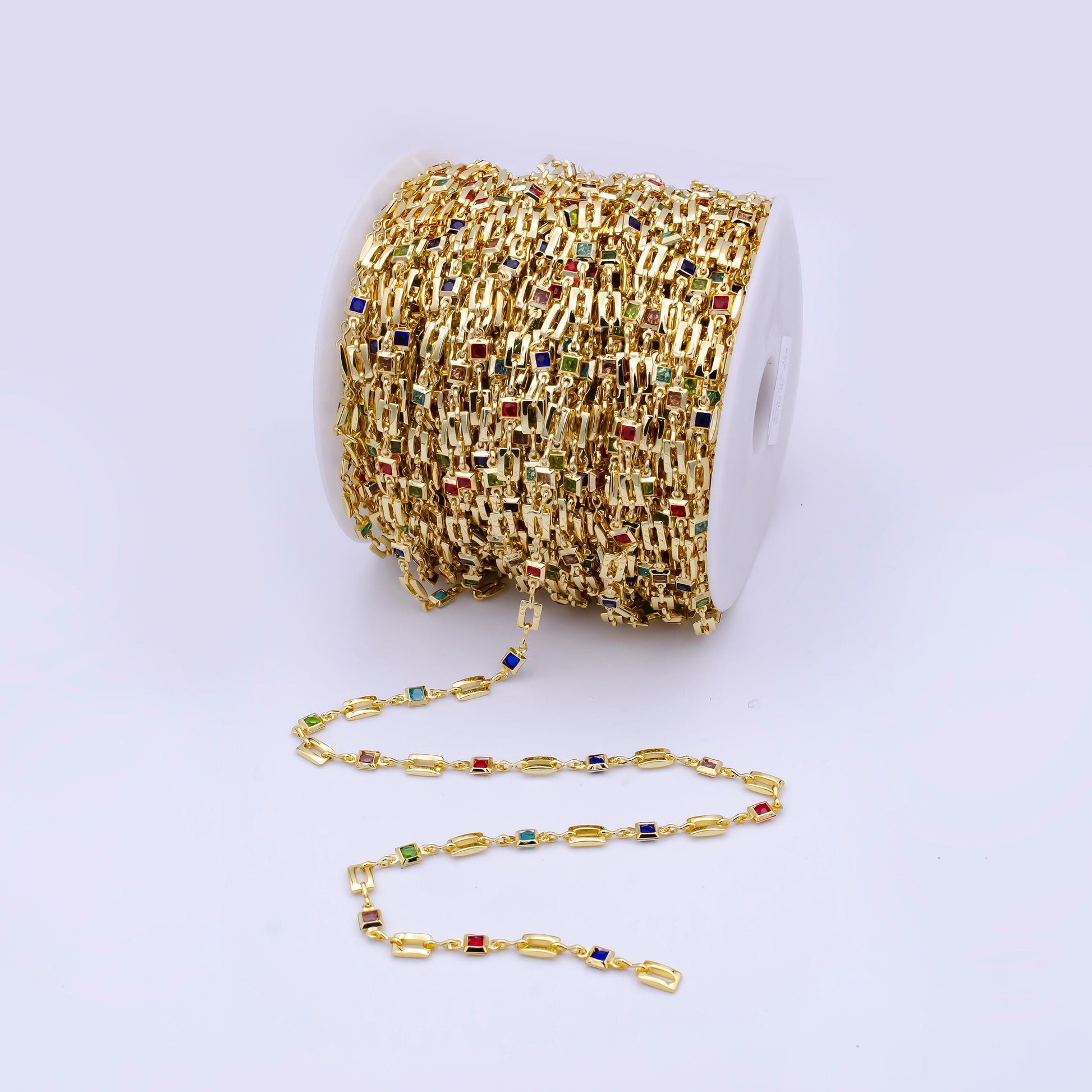 24K Gold Multicolor CZ Square Chain by Yard, Wholesale Gold CZ Colorful Geometric Bezel Cut Chain for Jewelry Making | ROLL-794