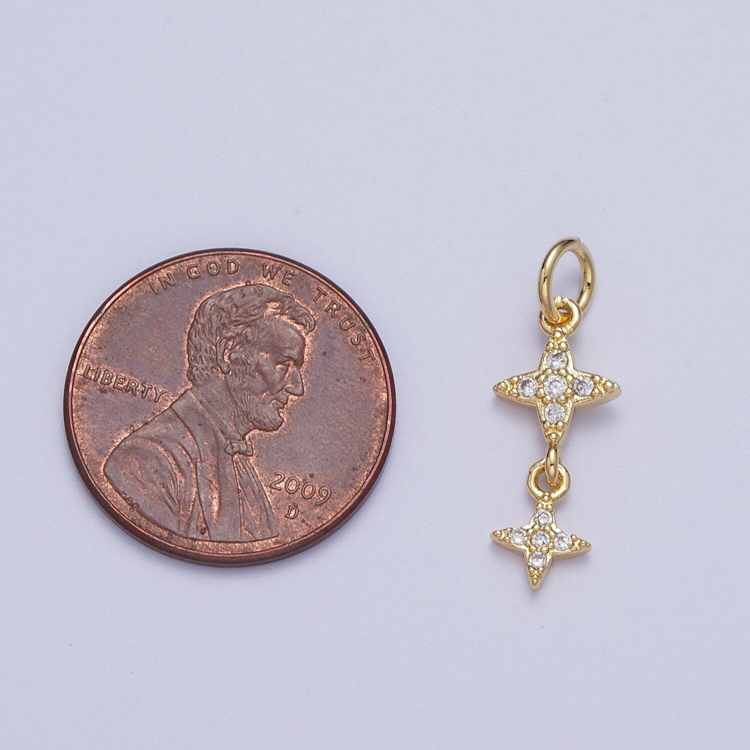 Two Linked Tiny CZ Gold North Stars Pendant | 14K Gold Plated Four-Point Stars w. Clear Micro Pave Cubic Zirconia Stones Charm | X-720