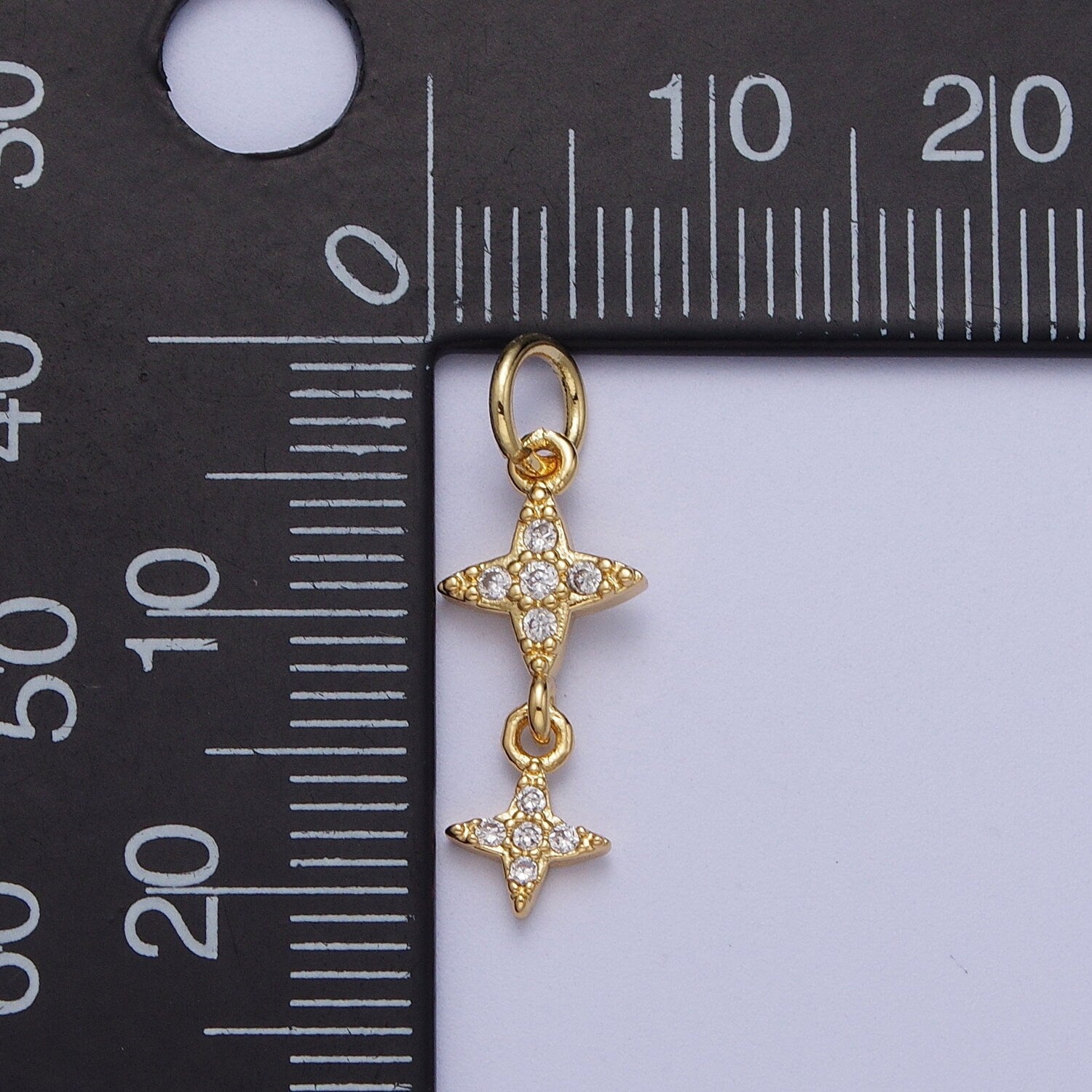 Two Linked Tiny CZ Gold North Stars Pendant | 14K Gold Plated Four-Point Stars w. Clear Micro Pave Cubic Zirconia Stones Charm | X-720