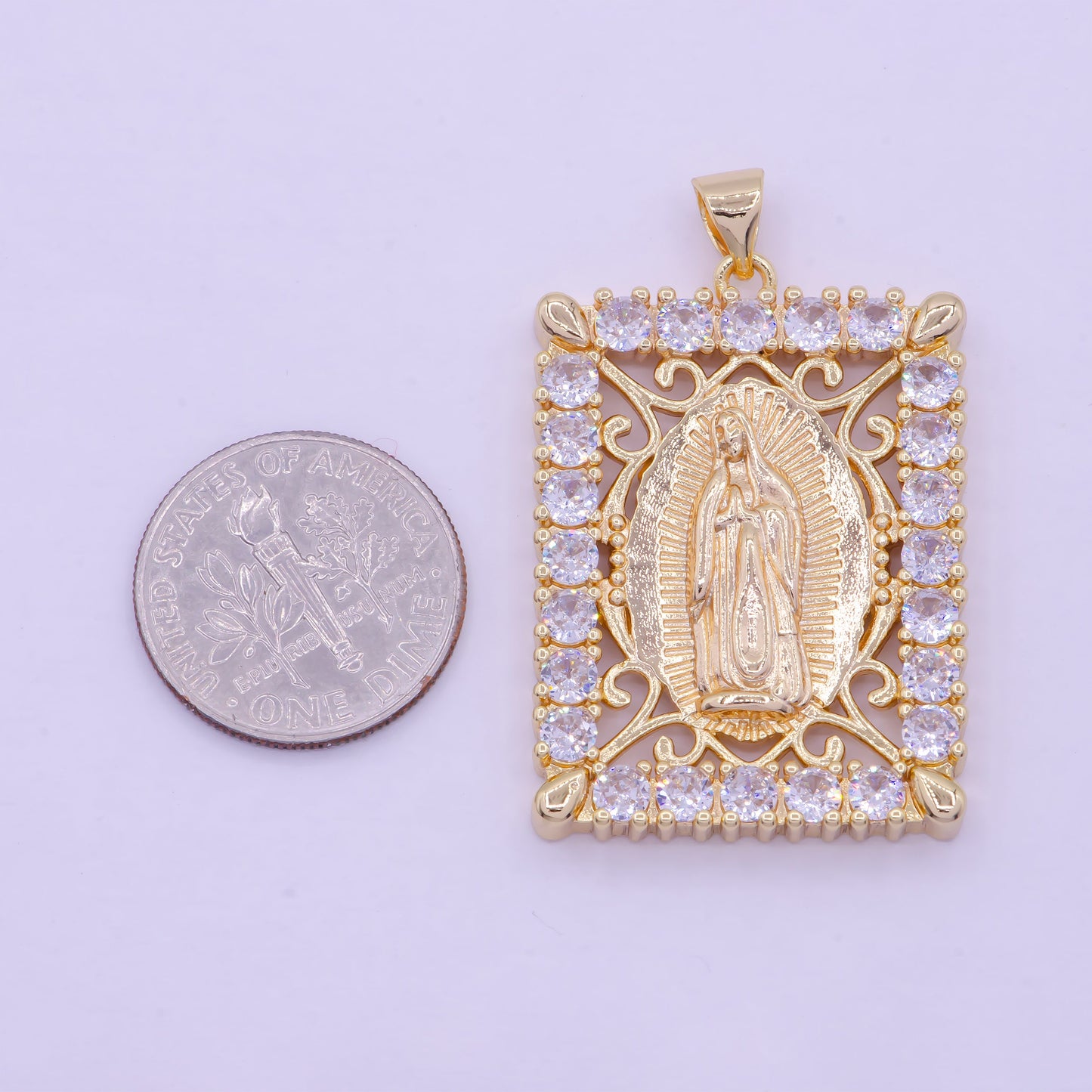 Gold CZ Virgin Mary Rectangular Pendant, 16K Gold Filled Clear Micro Paved CZ Our Lady of Guadalupe Charm | X-461