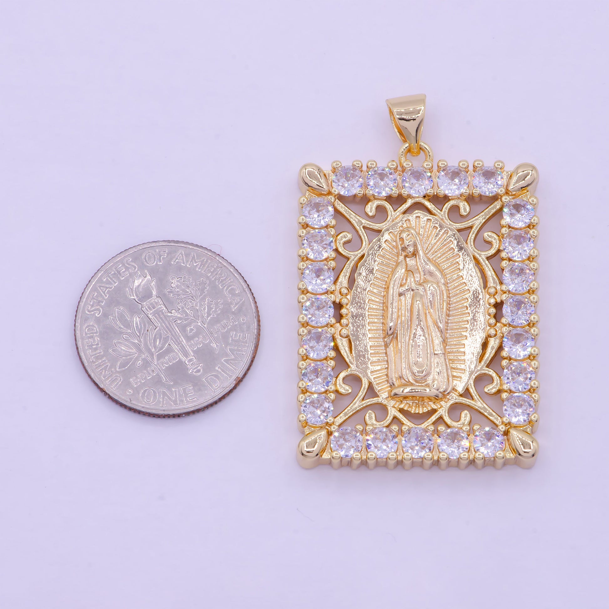 Gold CZ Virgin Mary Rectangular Pendant, 16K Gold Filled Clear Micro Paved CZ Our Lady of Guadalupe Charm | X-461