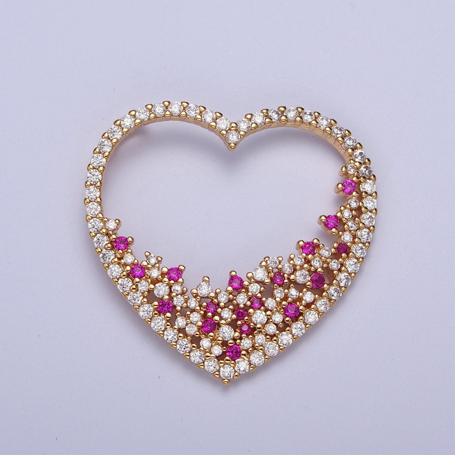 24K Gold Filled Micro Pave Love Heart Fuchsia Clear Filling Up CZ Pendant Heart Outline Charm For Jewelry Necklace Making | X-440