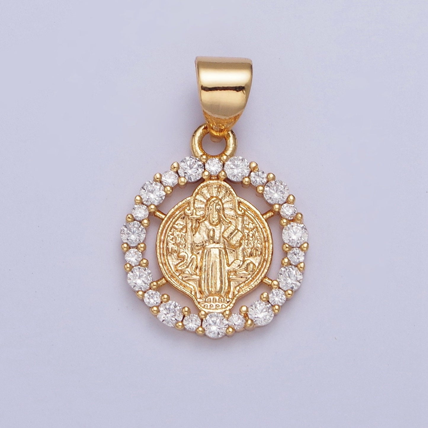 24K Gold Filled St Benedict Medallion Religious Open Round Micro Pave Cubic Zirconia CZ Stone Charm | X-447