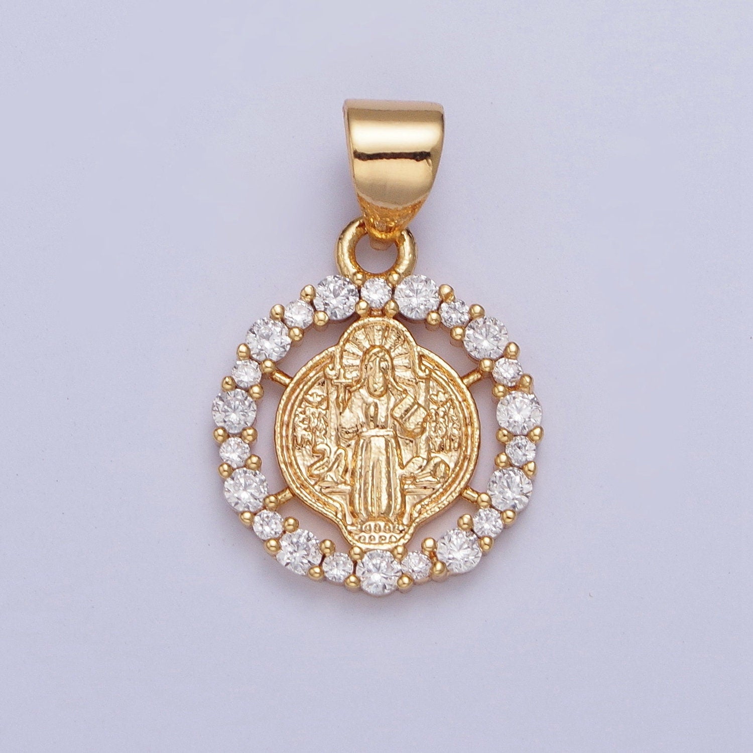 24K Gold Filled St Benedict Medallion Religious Open Round Micro Pave Cubic Zirconia CZ Stone Charm | X-447